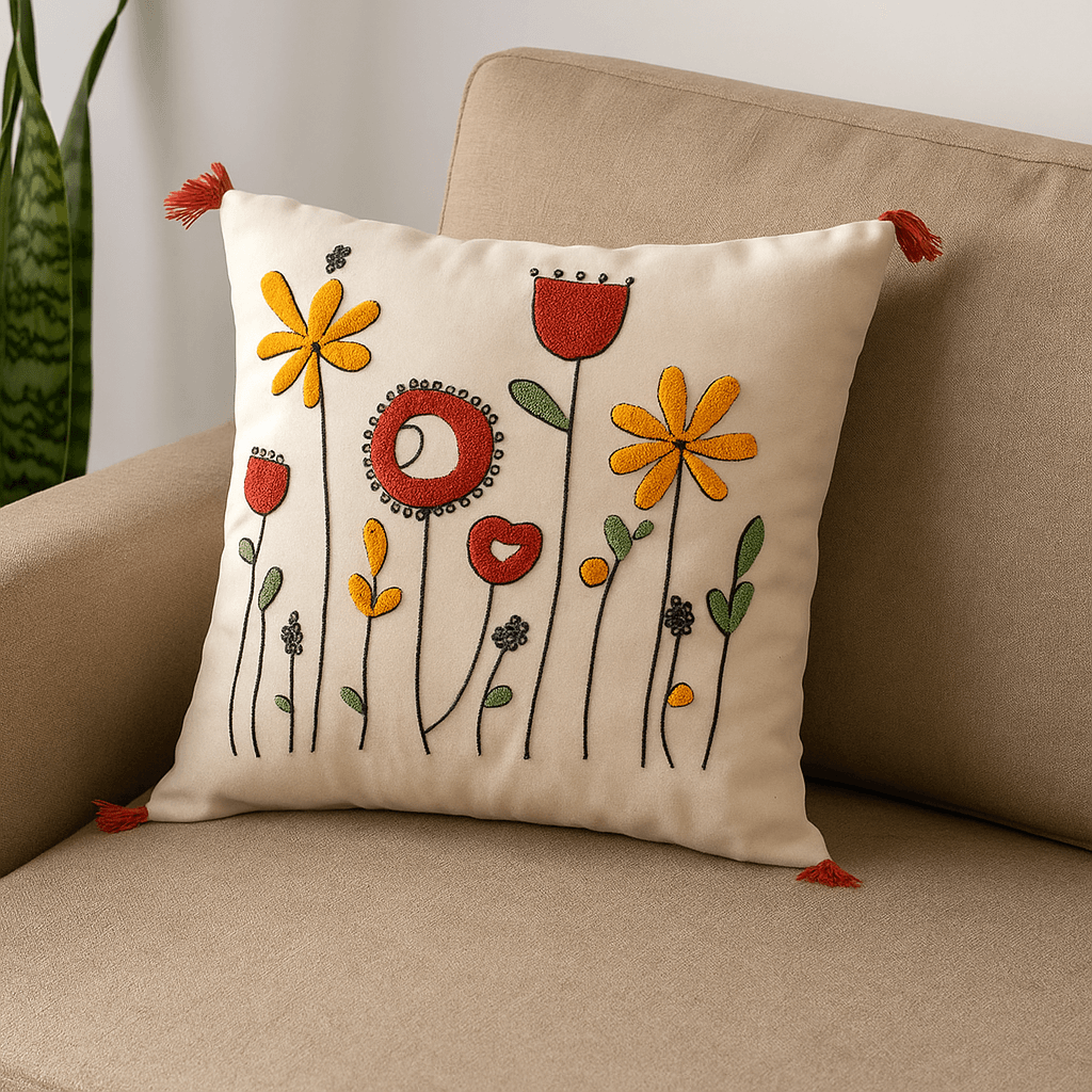 Punch Nakışlı Lale ve Papatya Motifli Kırlent Kılıfı (İç Dolgusuz) 42x42