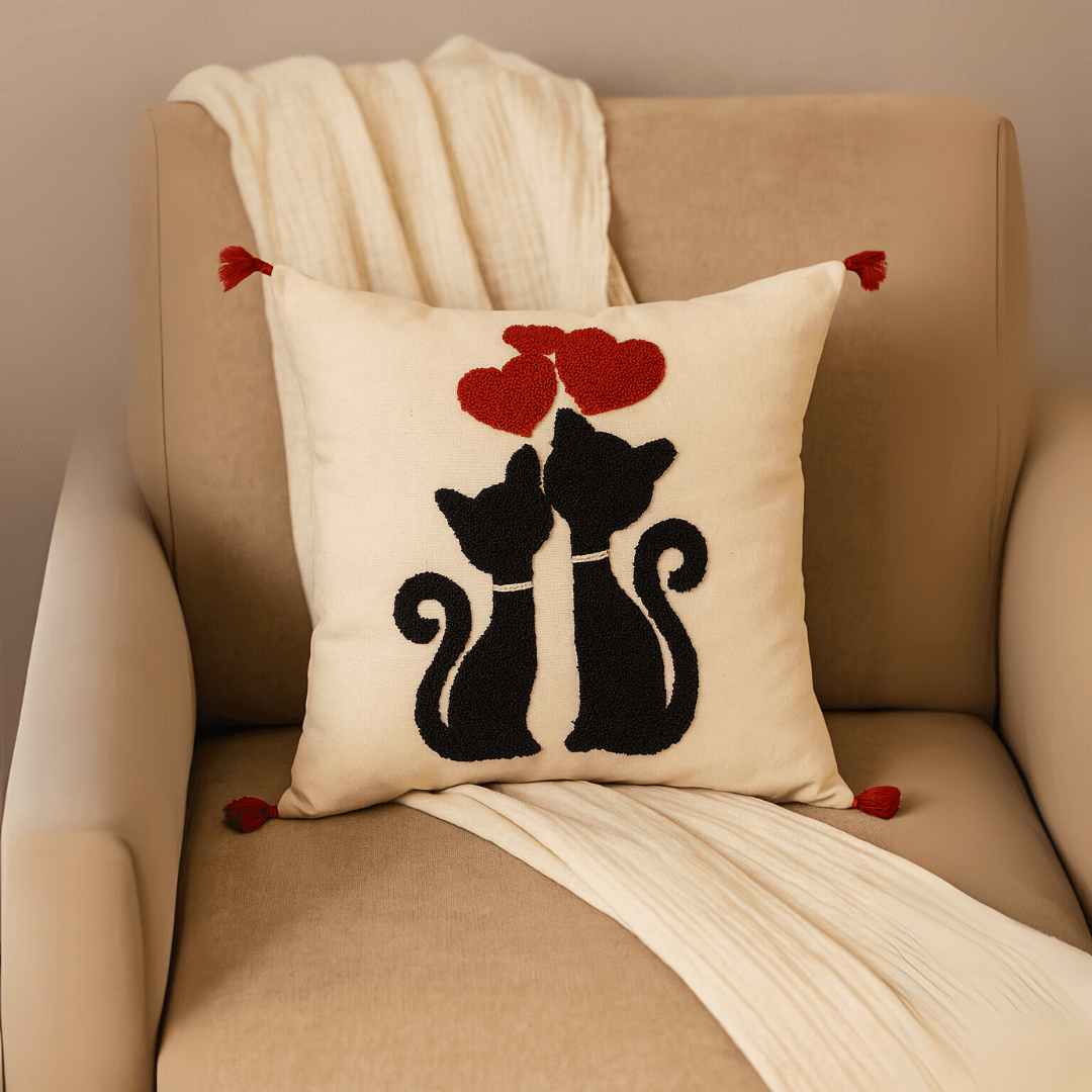Punch Embroidered Cat in Love Patterned Cushion