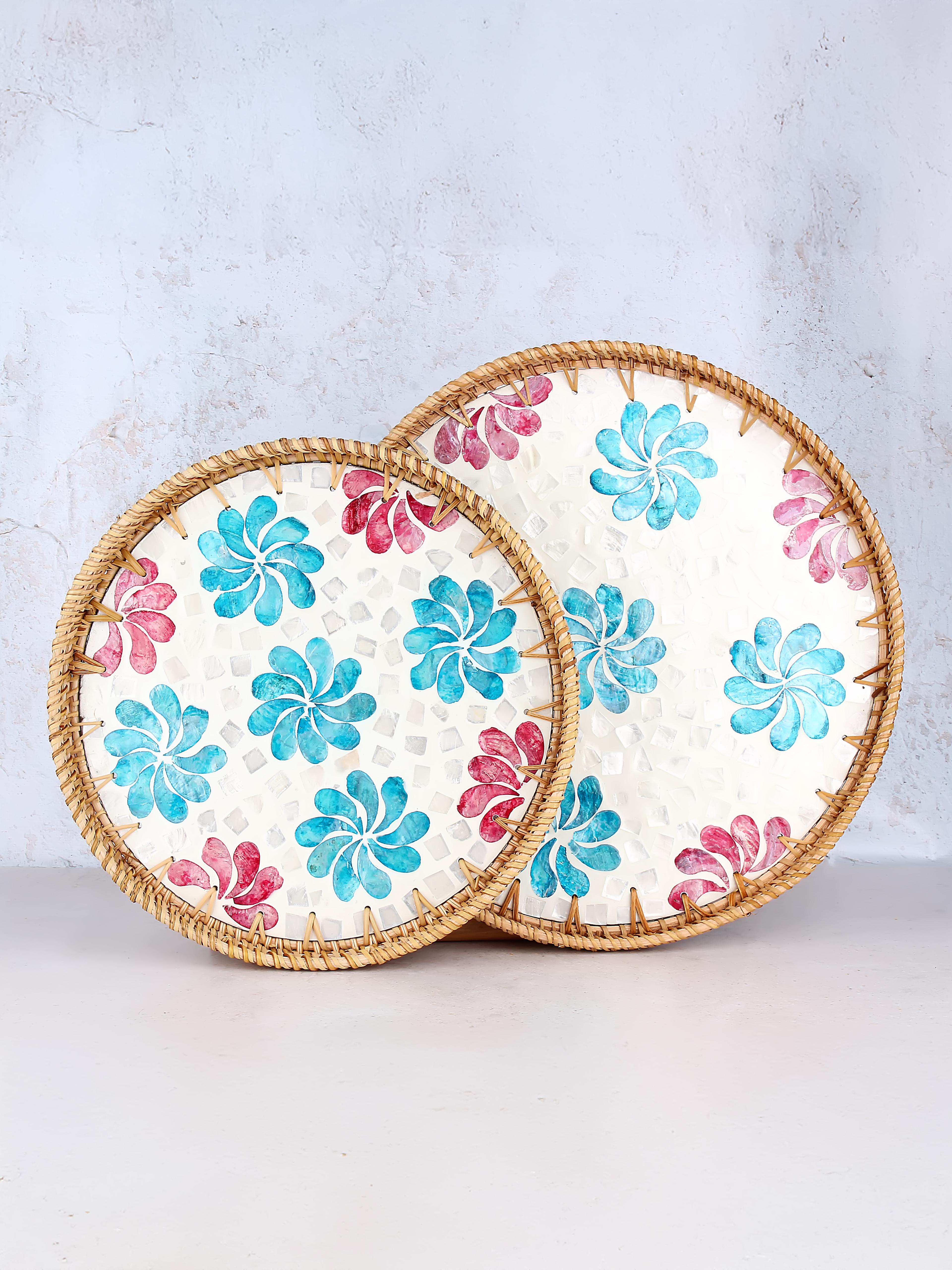 Desenli Rattan 2'li Sedef Yuvarlak Tepsi Seti - Soho Whirl
