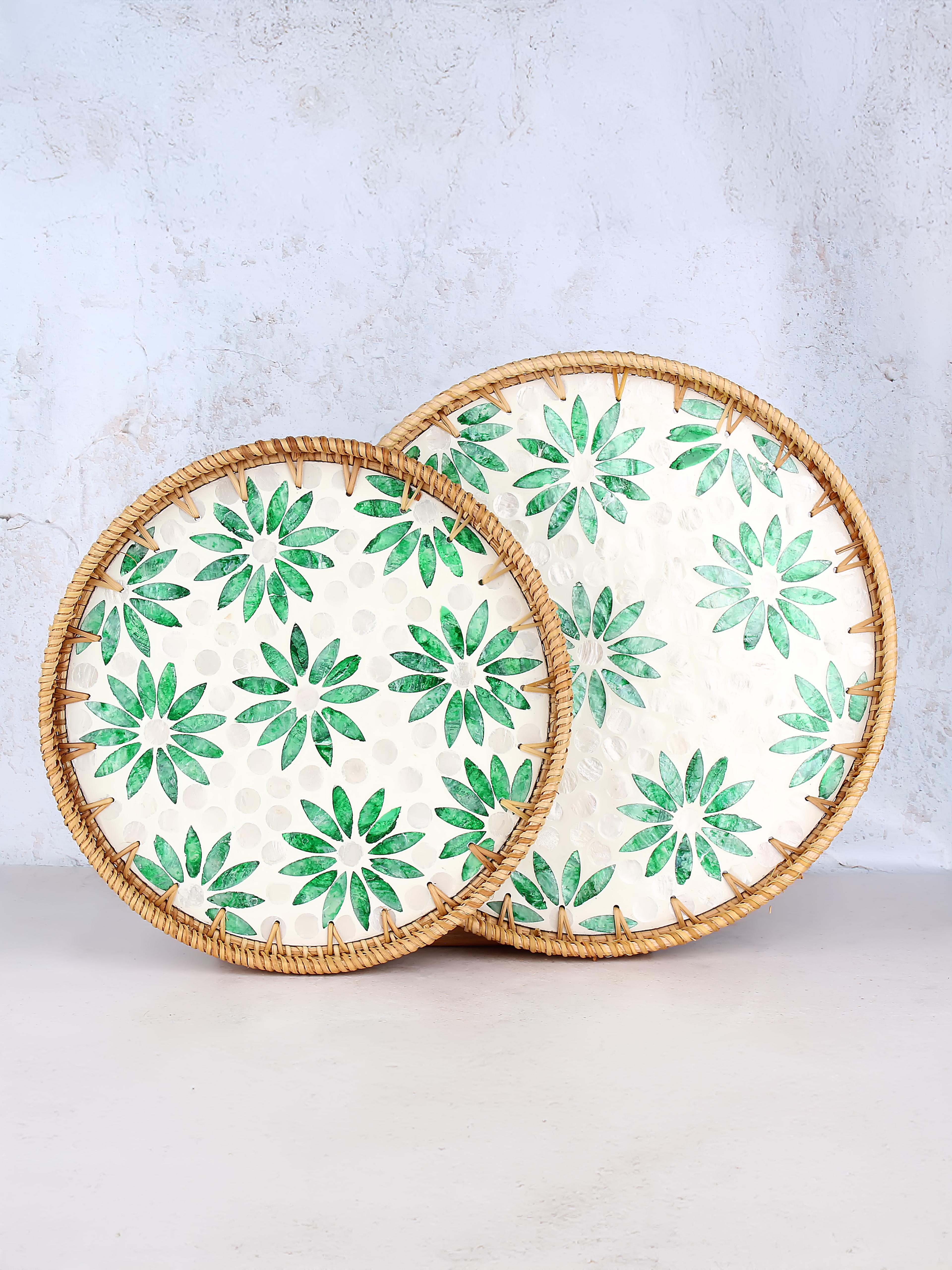 Desenli Rattan 2'li Sedef Yuvarlak Tepsi Seti - Hyde Petals