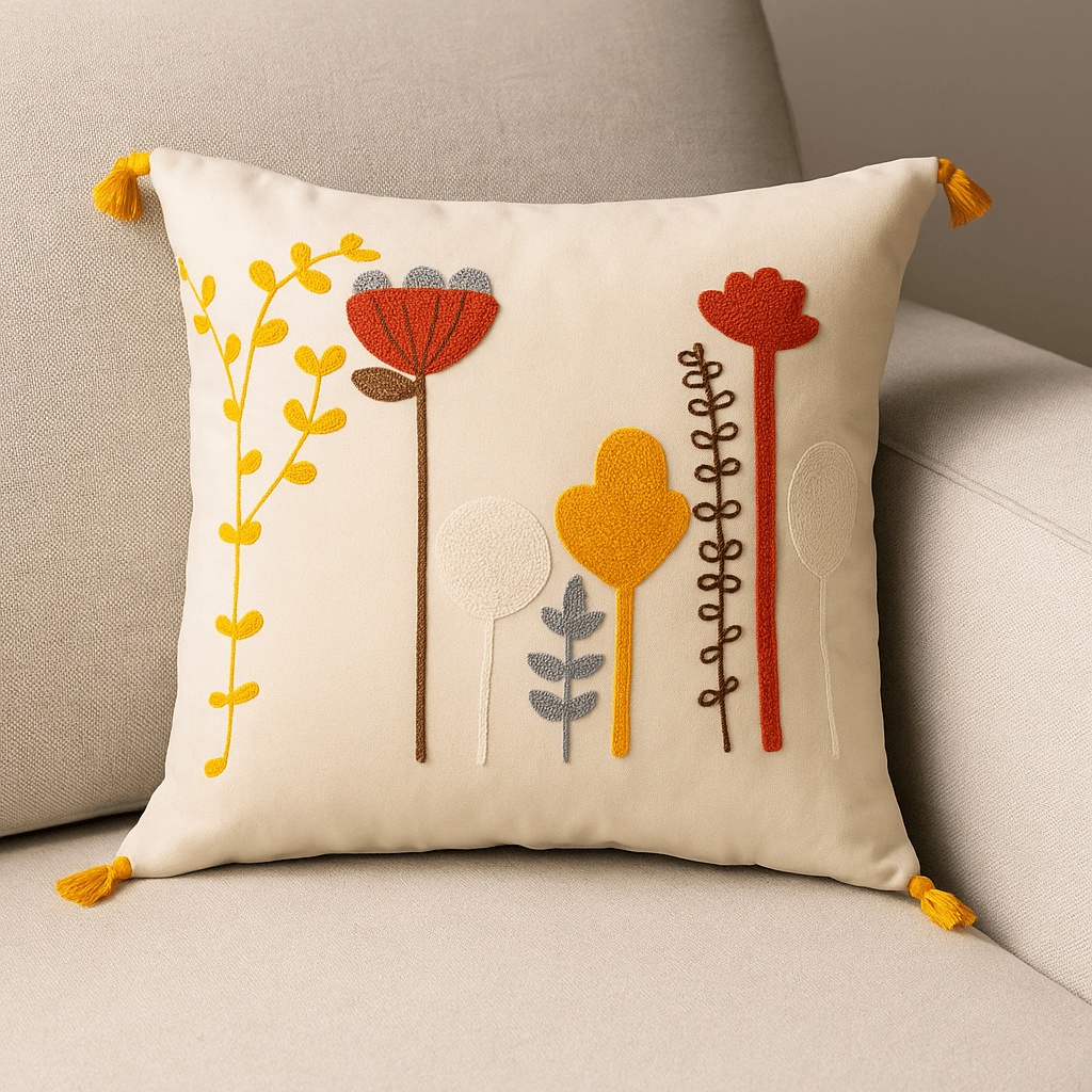 Punch Embroidered Flower Garden Motif Cushion