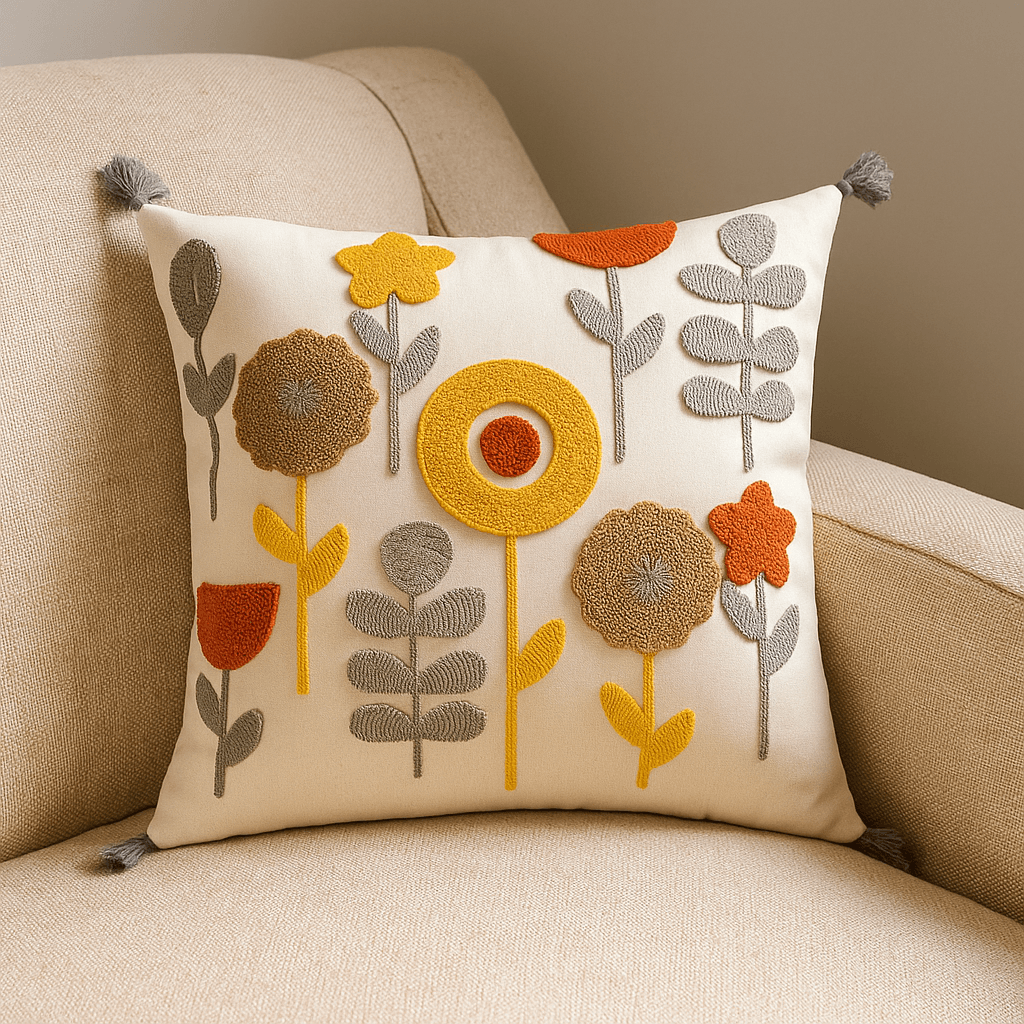 Punch Embroidered Flower Motif Pillow 