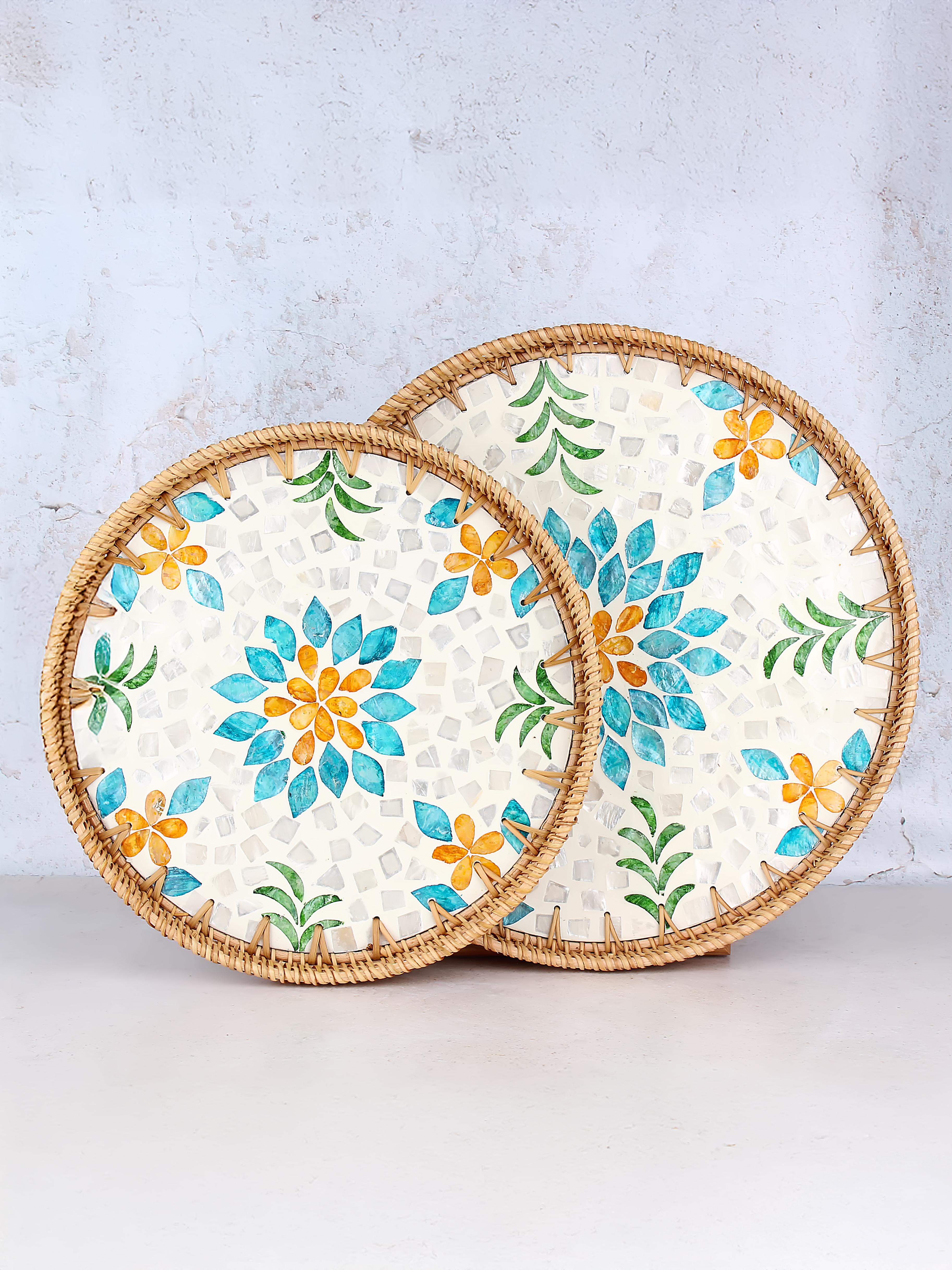 Desenli Rattan 2'li Sedef Yuvarlak Tepsi Seti - Notting Bloom