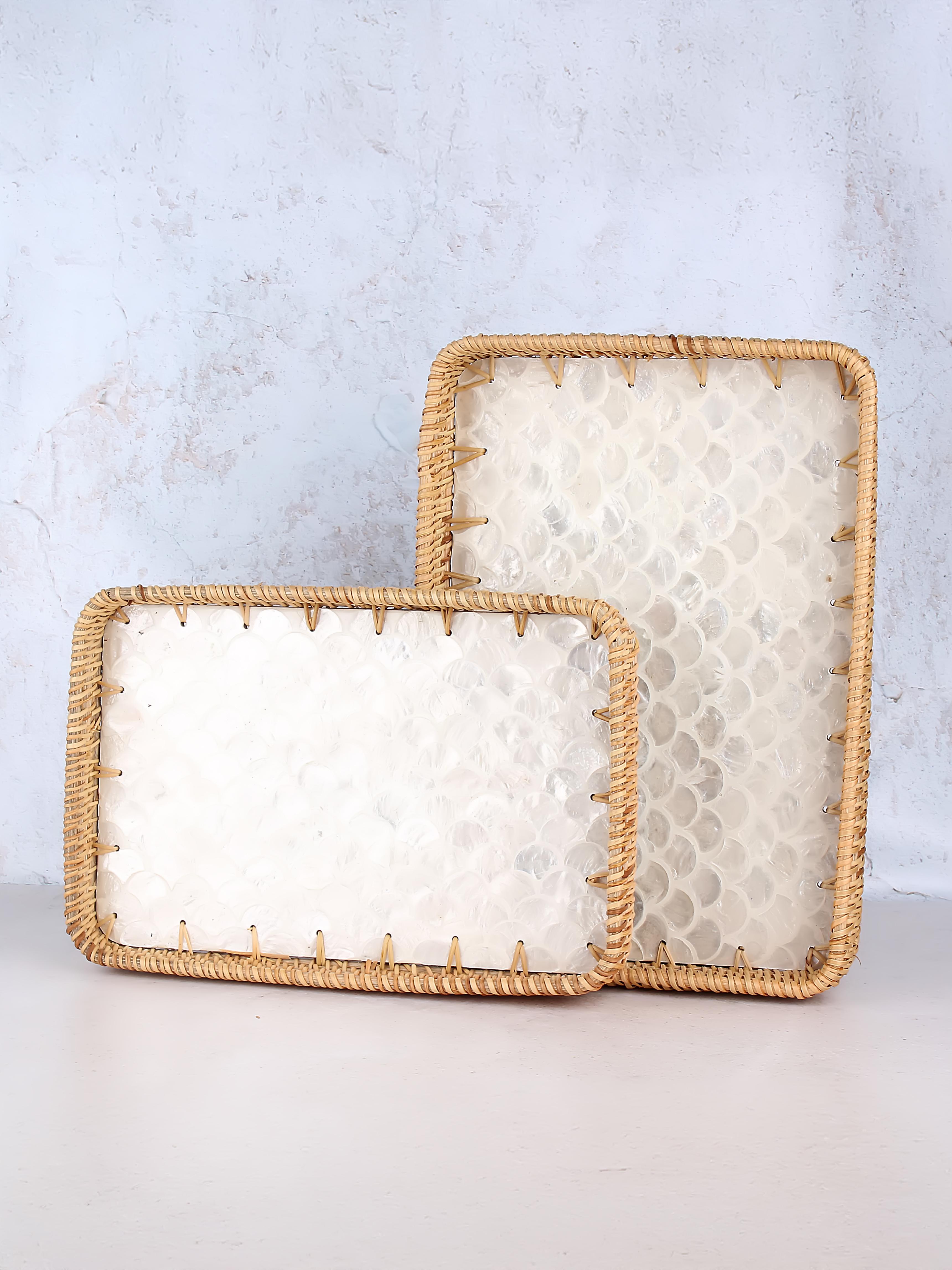 Desenli Rattan 2'li Sedef Dikdörtgen Tepsi Seti - Kensington Pearl
