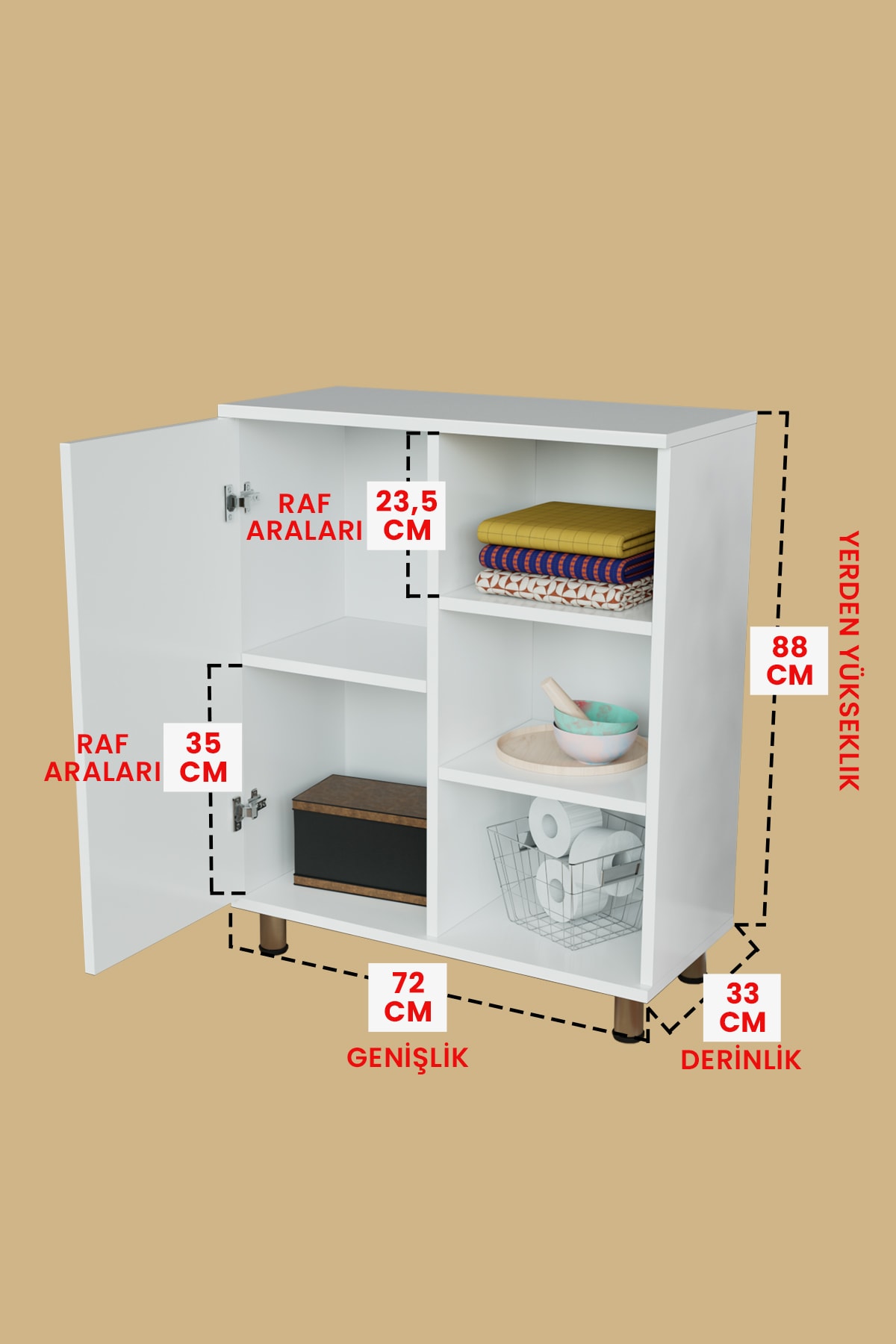 3 Raflı Tek Kapak Daisies Çok Amaçlı Dolabı Mutfak Ofis Banyo Balkon Salon Dolabı