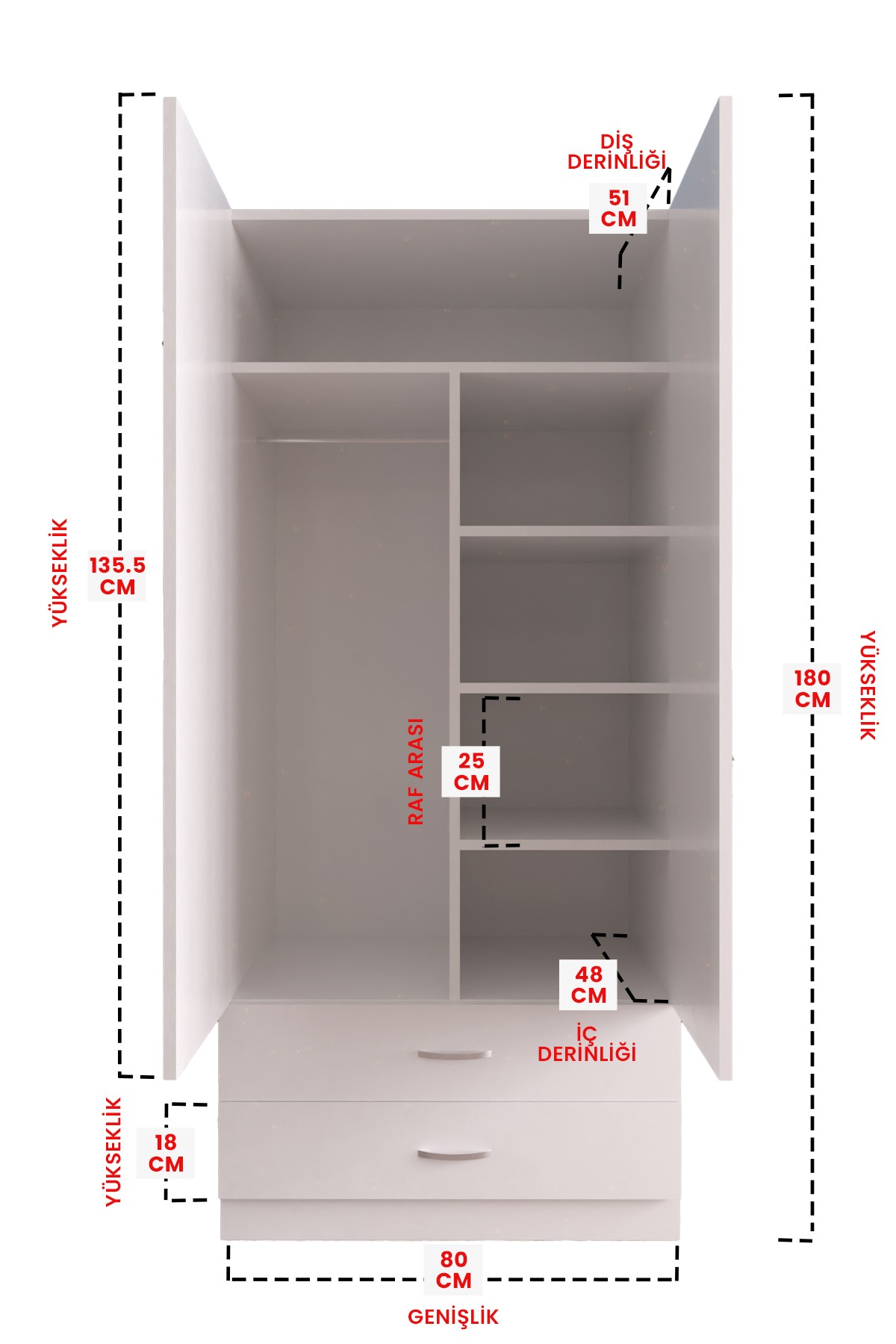 Aynalı 2 Kapaklı Gardırop 5 Raflı 2 Çekmeceli Askılı Elbise Dolabı