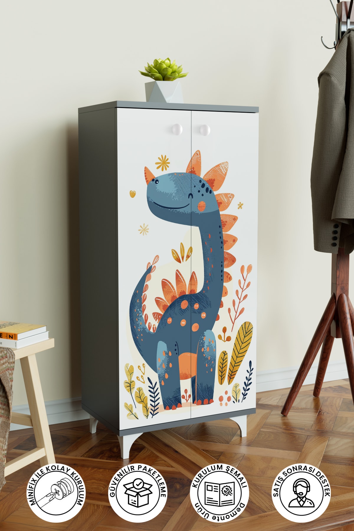 Minik Dino 3 Raflı Çocuk Odası Dolabı Çok Amaçlı Baskılı Oyuncak Dolabı