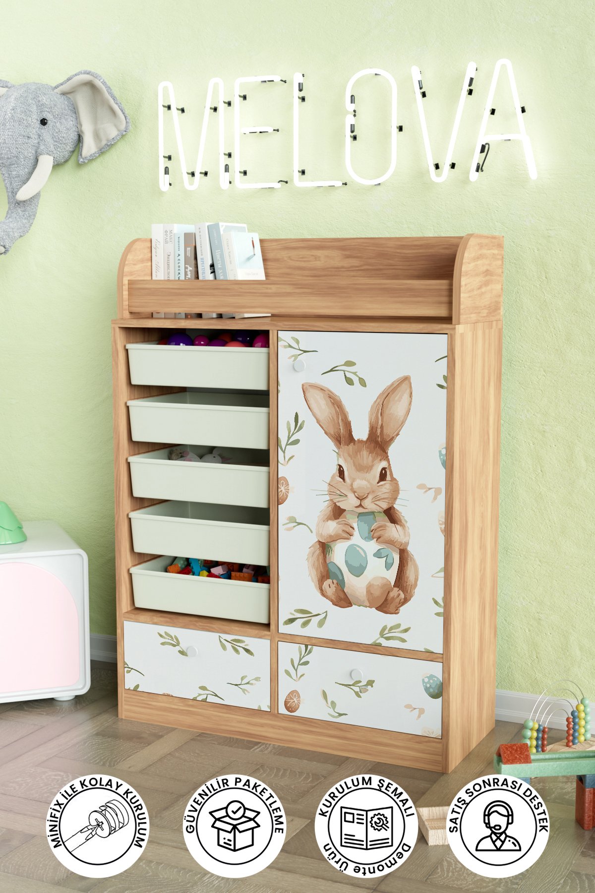 Pretty Rabit Design "Melova" 5 Sepetli 2 Çekmeceli Çok Amaçlı Oyuncak Dolabı