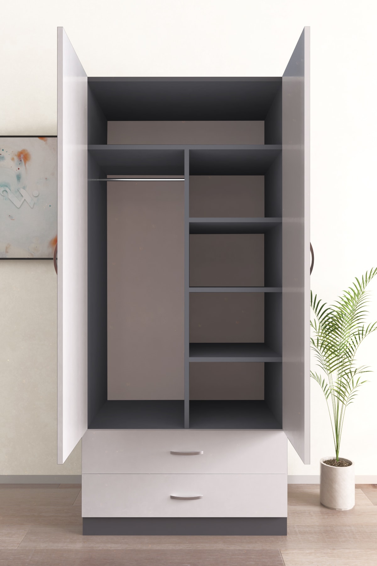 Aynalı 2 Kapaklı Gardırop 5 Raflı 2 Çekmeceli Askılı Elbise Dolabı
