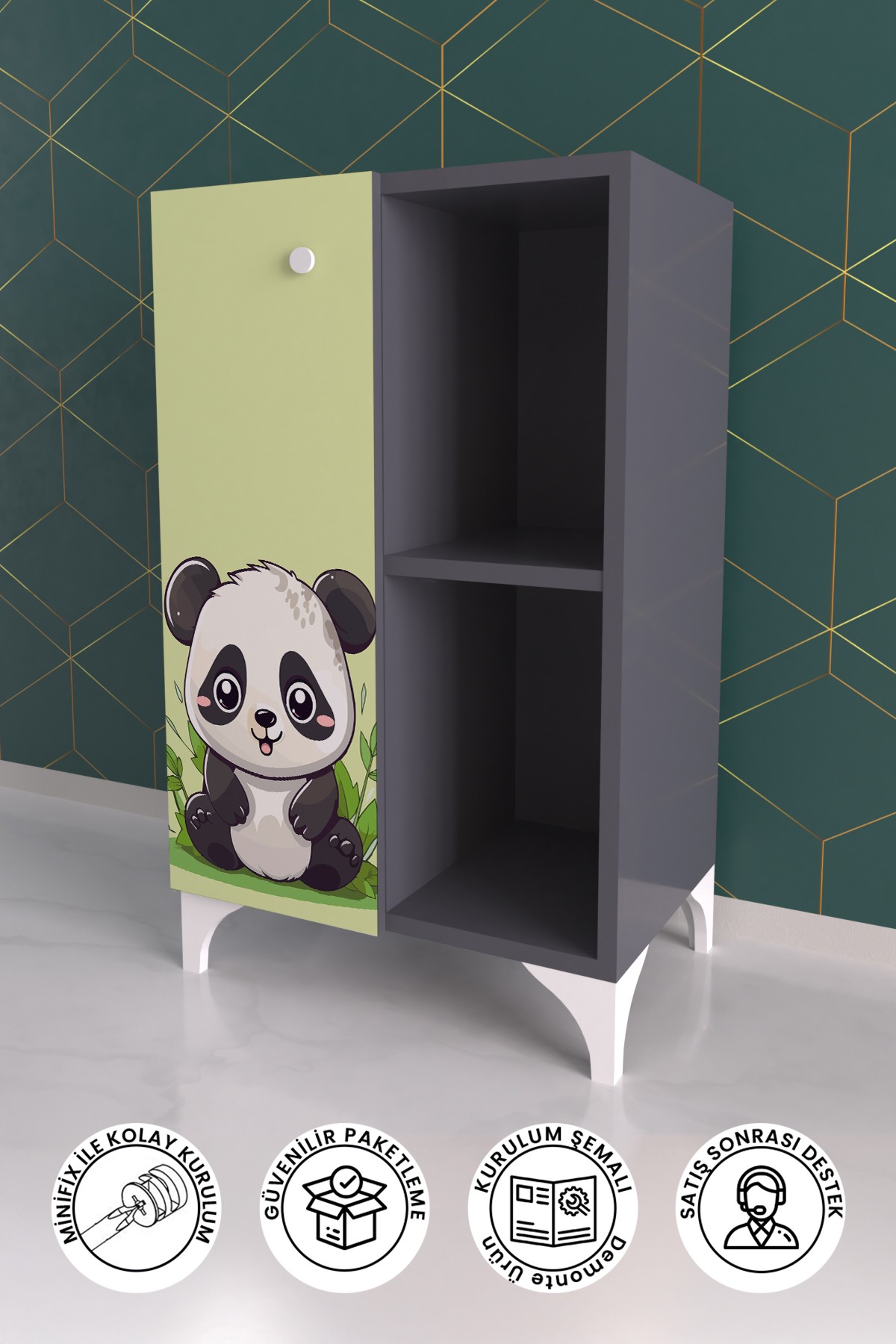 2 Raflı Tek Kapak Friendly panda Çocuk Odası Çok Amaçlı Dolabı