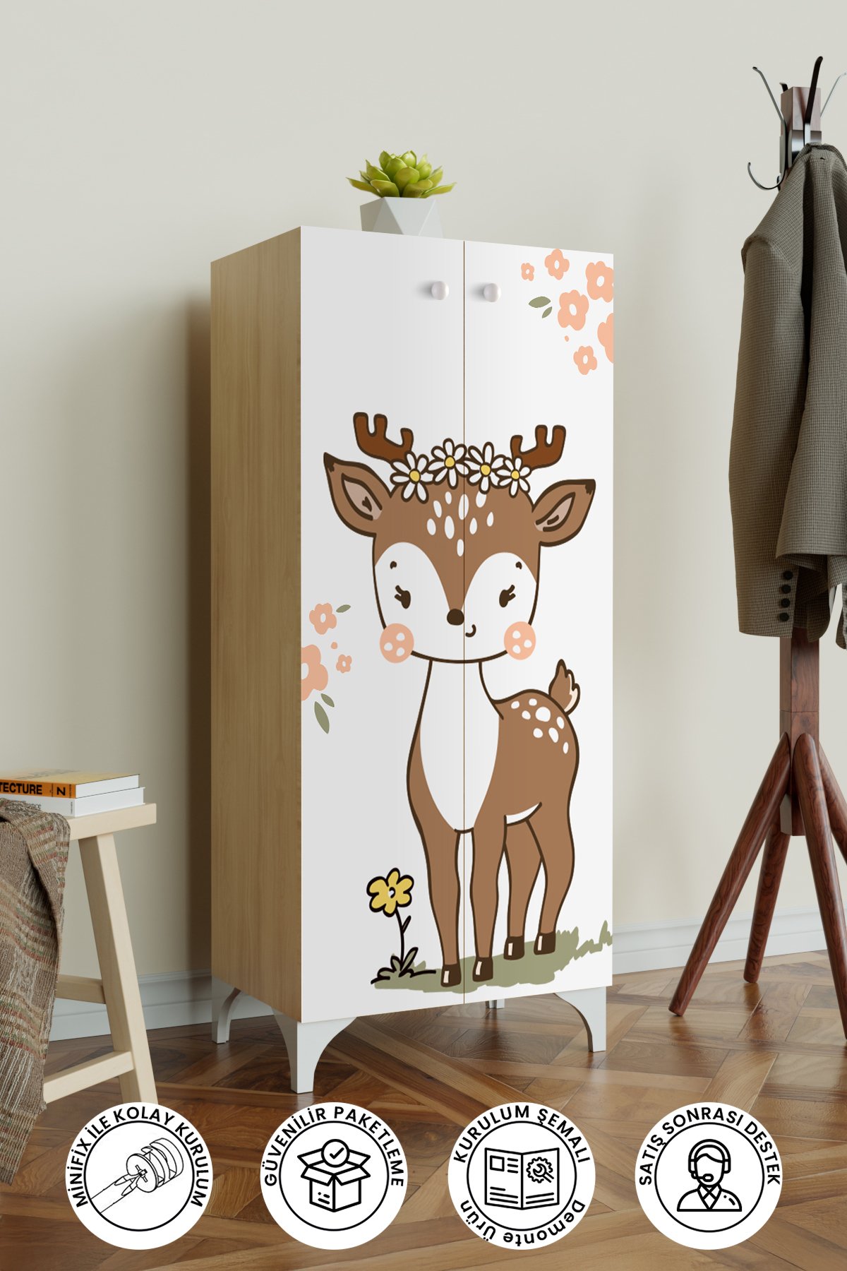 Little Fawn 3 Raflı Çocuk Odası Dolabı Çok Amaçlı Baskılı Oyuncak Dolabı