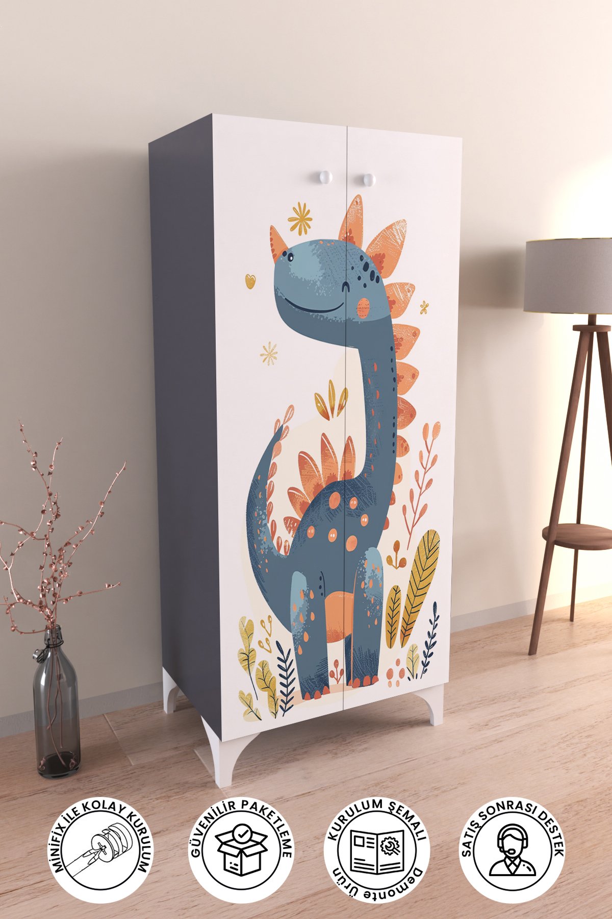 Minik Dino 3 Raflı Çocuk Odası Dolabı Çok Amaçlı Baskılı Oyuncak Dolabı
