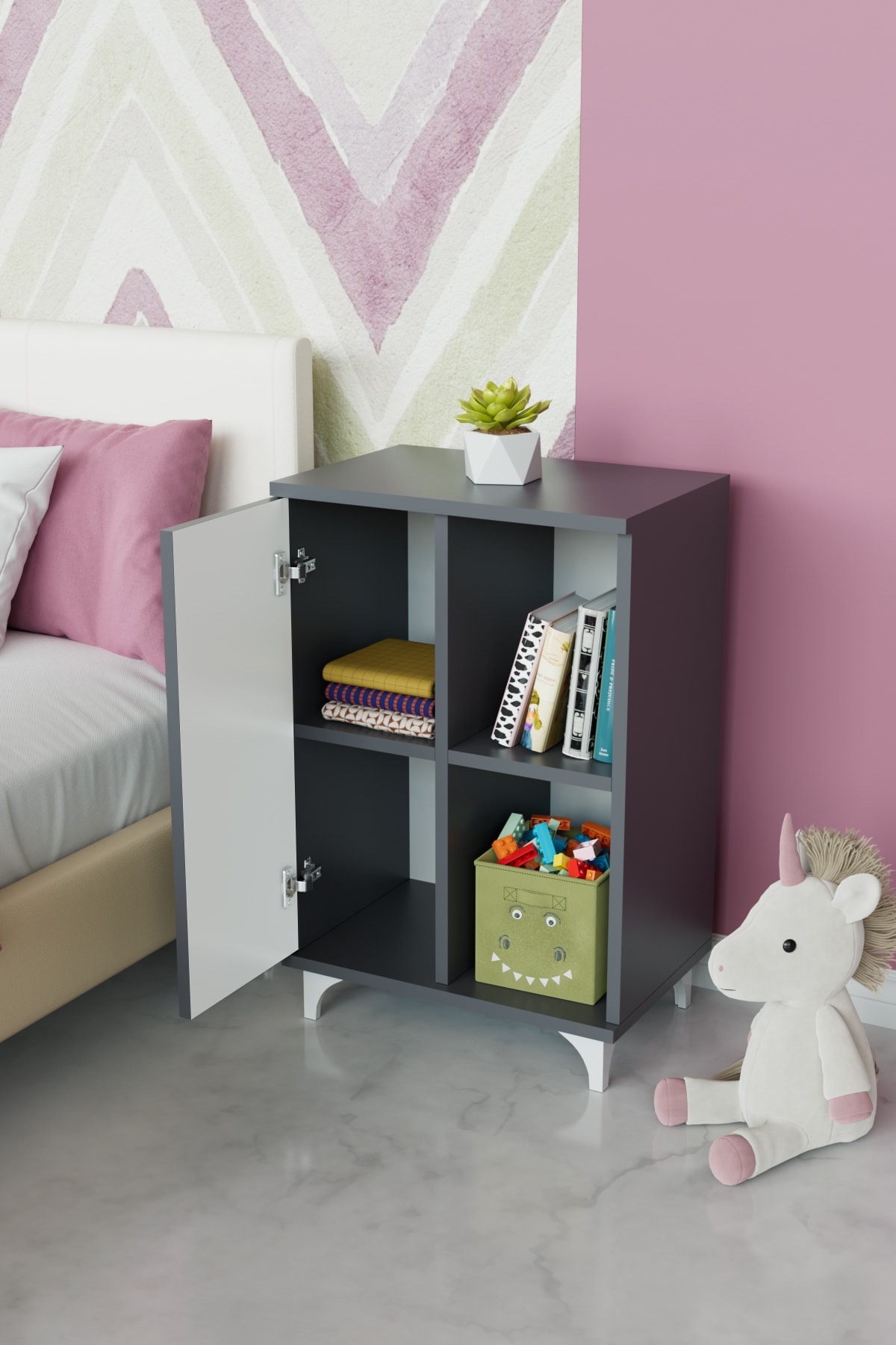 2 Raflı tek kapak Zeytin The Cat Çocuk Odası Çok Amaçlı Dolabı