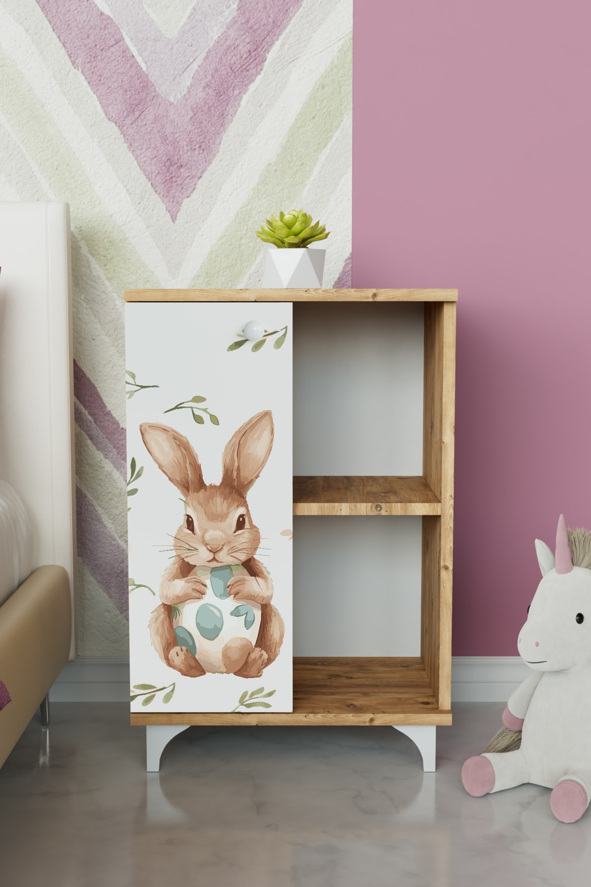 2 Raflı tek kapak Pretty Rabit Çocuk Odası Çok Amaçlı Dolabı