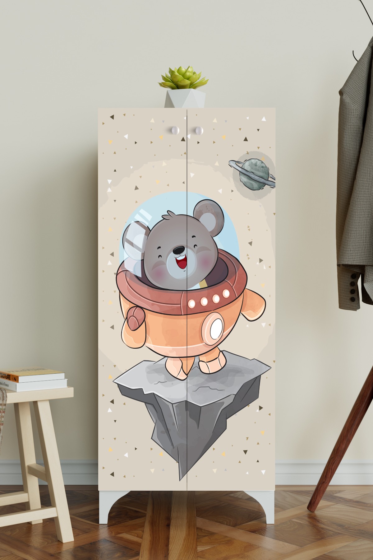 Little Astronaut 3 Raflı Çocuk Odası Dolabı Çok Amaçlı Baskılı Oyuncak Dolabı
