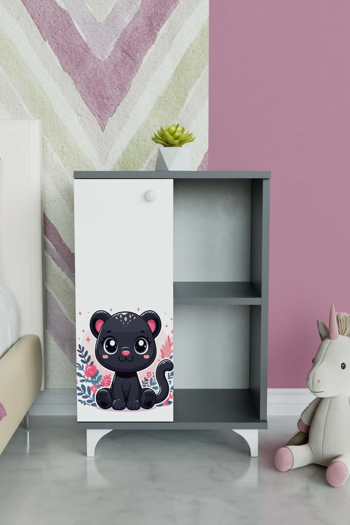 2 Raflı tek kapak Zeytin The Cat Çocuk Odası Çok Amaçlı Dolabı