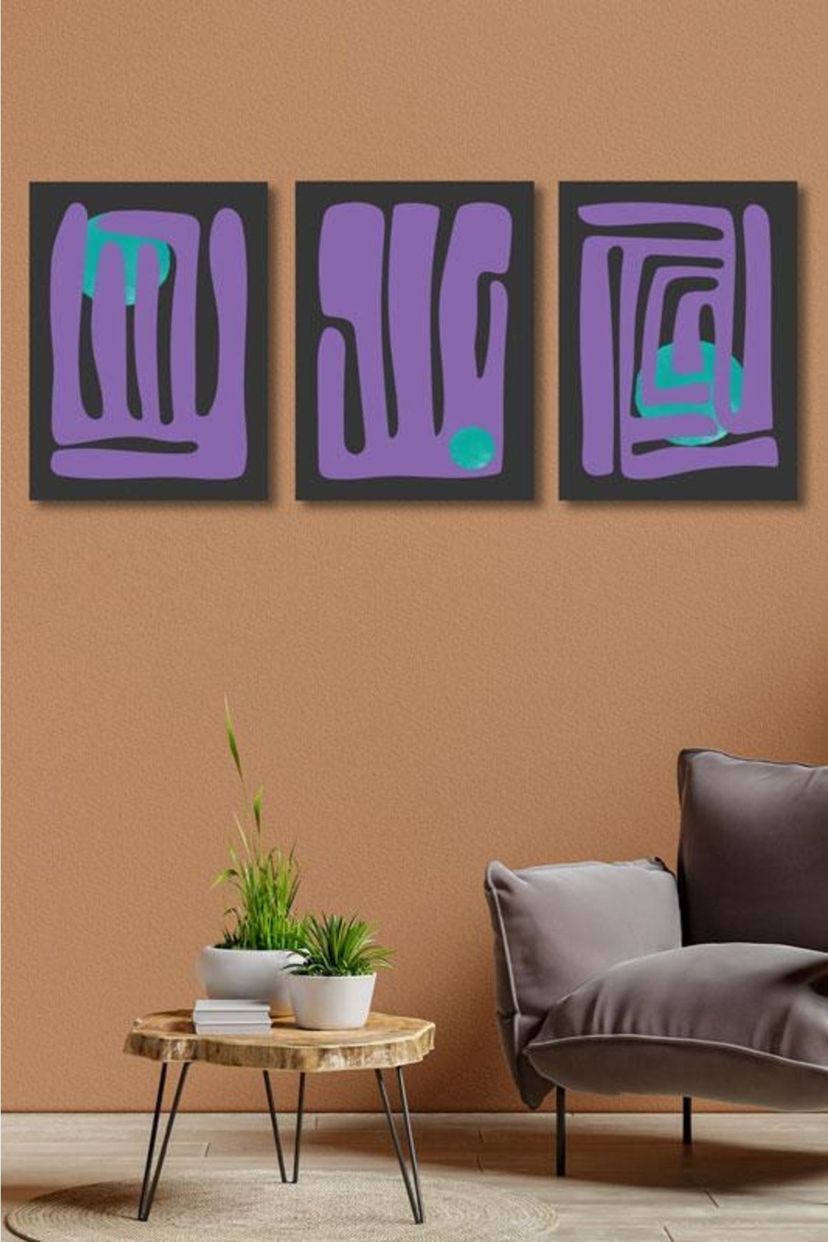 3'lü Set Minimal Purple Art Kanvas Tablo