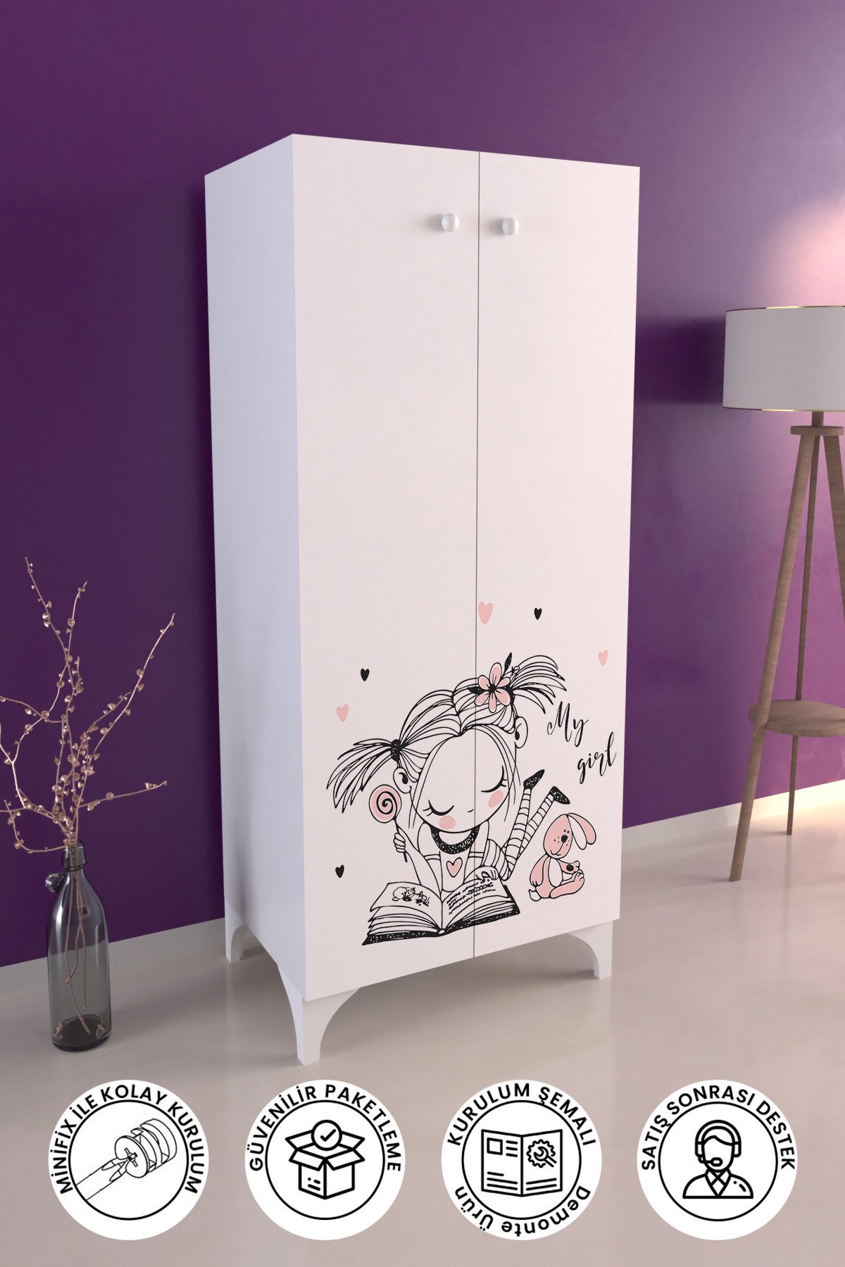 Happy Girl Çocuk Odası Dolap 3 Raflı Çok Amaçlı Baskılı Oyuncak Dolabı
