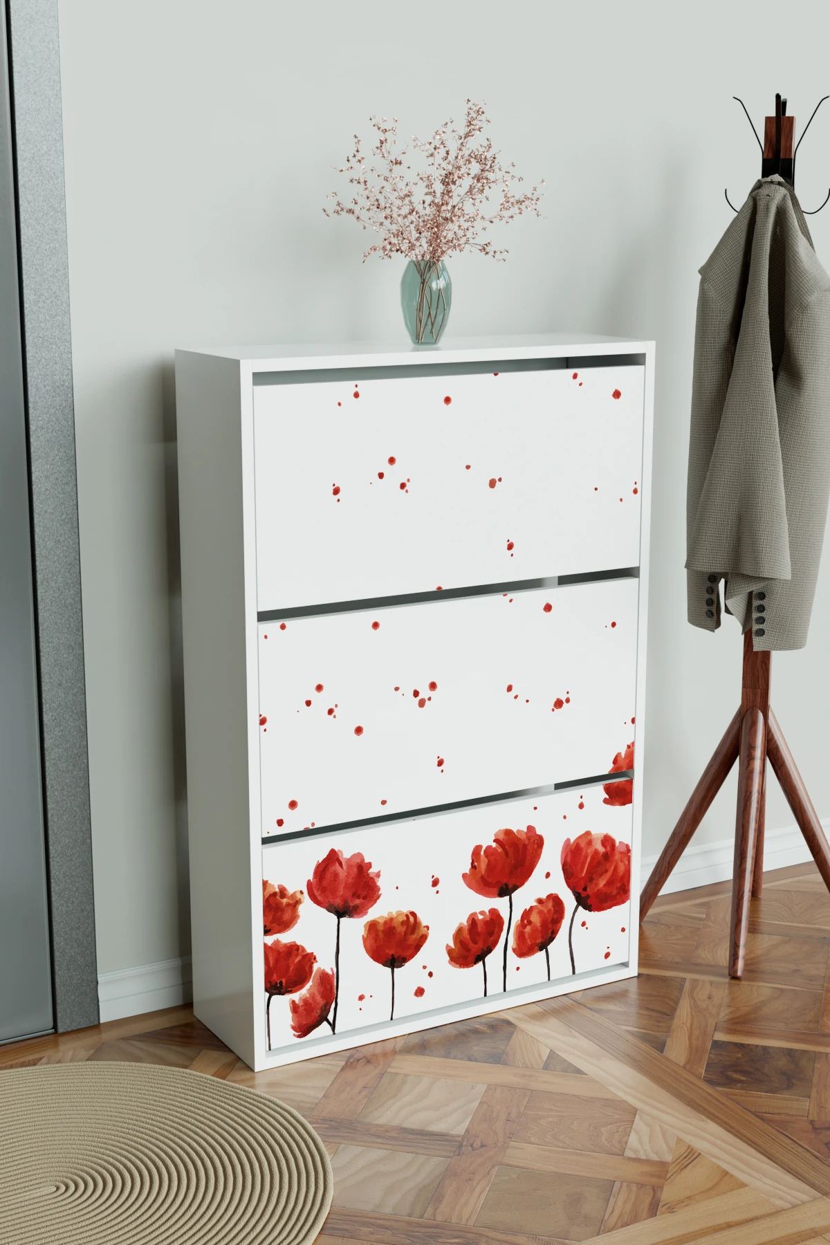 "Red Anemone" 3 Bölmeli Liovian Düşer Kapak Ayakkabılık