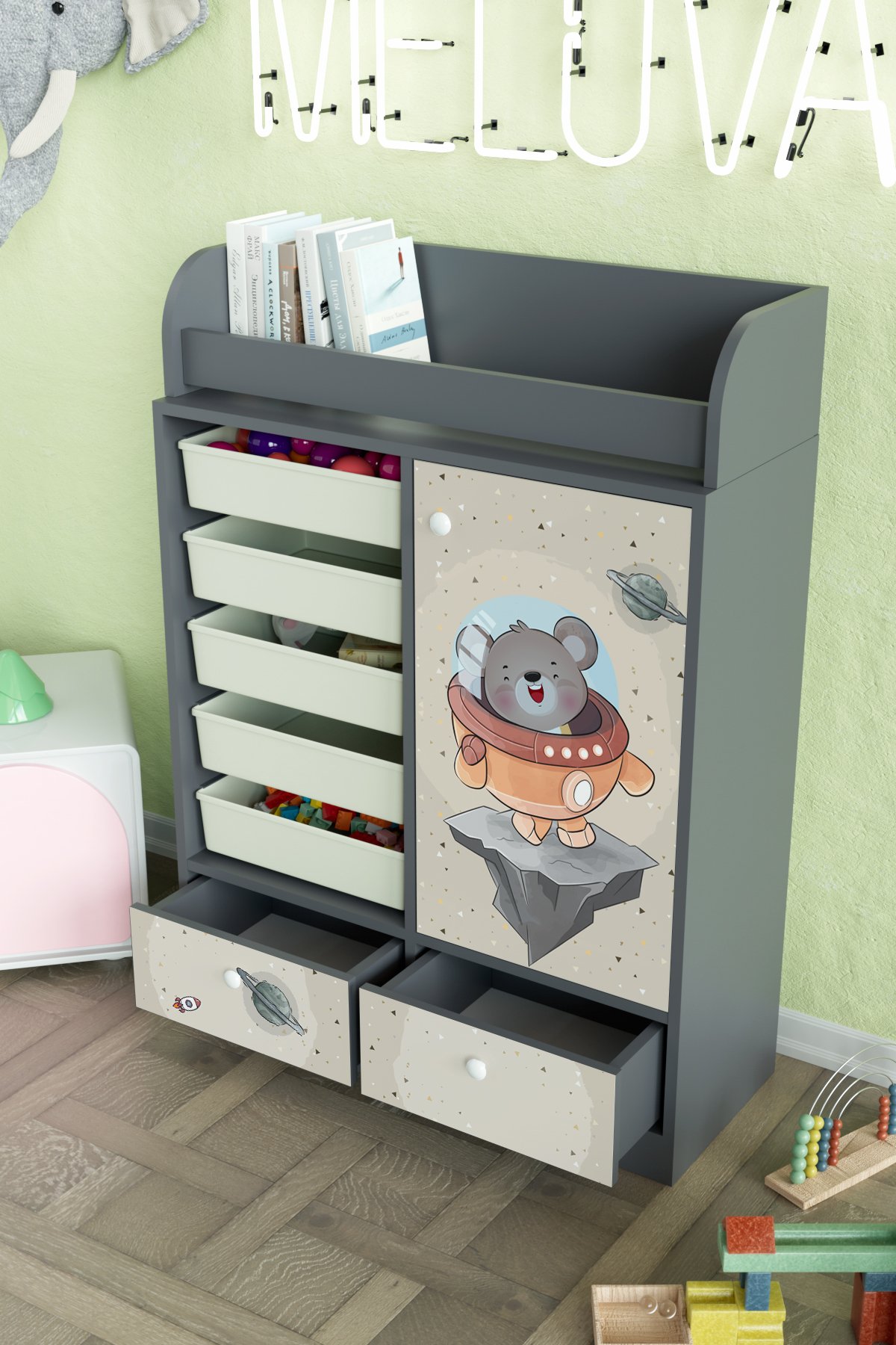 Little Astronaut Design "Melova" 5 Sepetli 2 Çekmeceli Çok Amaçlı Oyuncak Dolabı