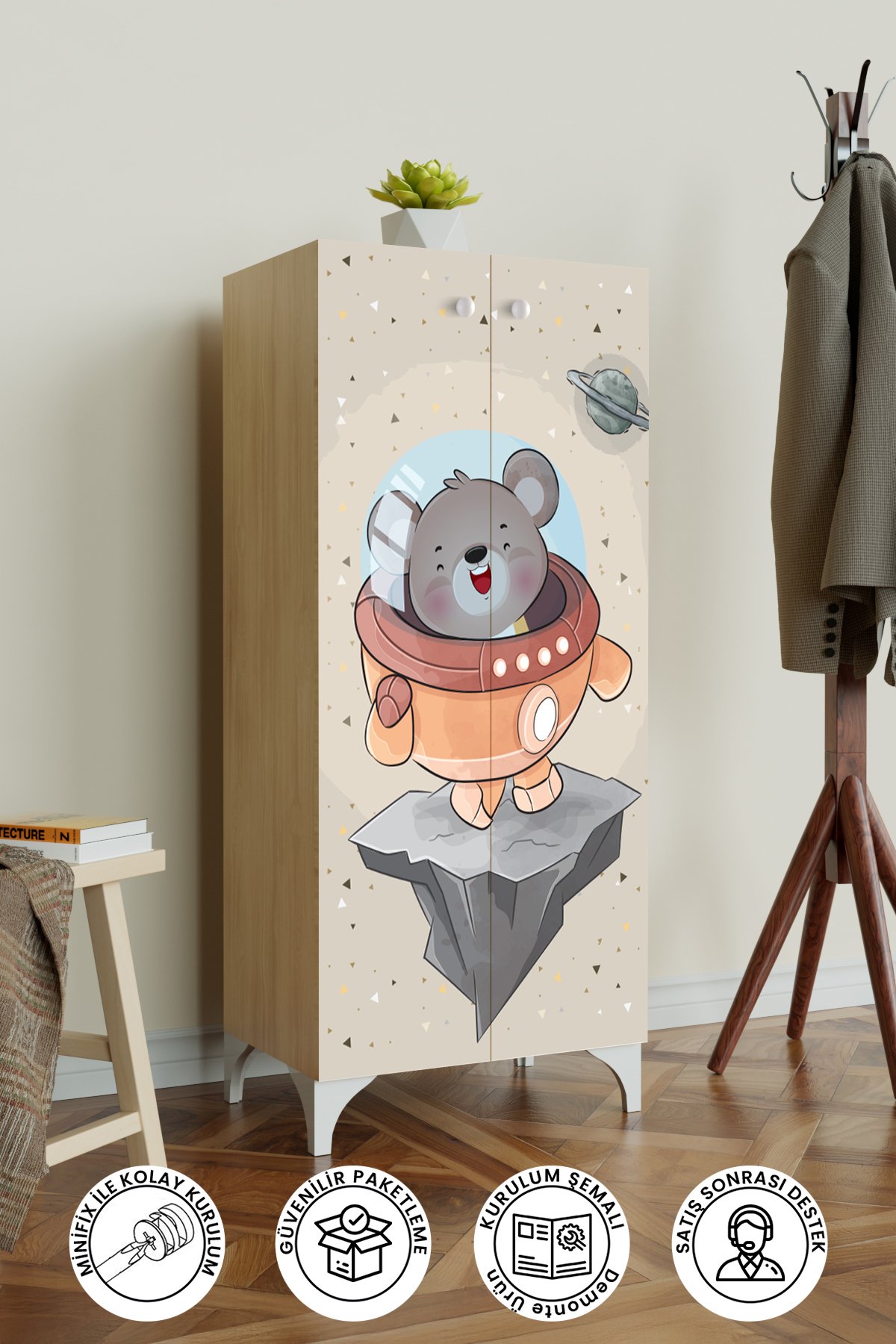 Little Astronaut 3 Raflı Çocuk Odası Dolabı Çok Amaçlı Baskılı Oyuncak Dolabı