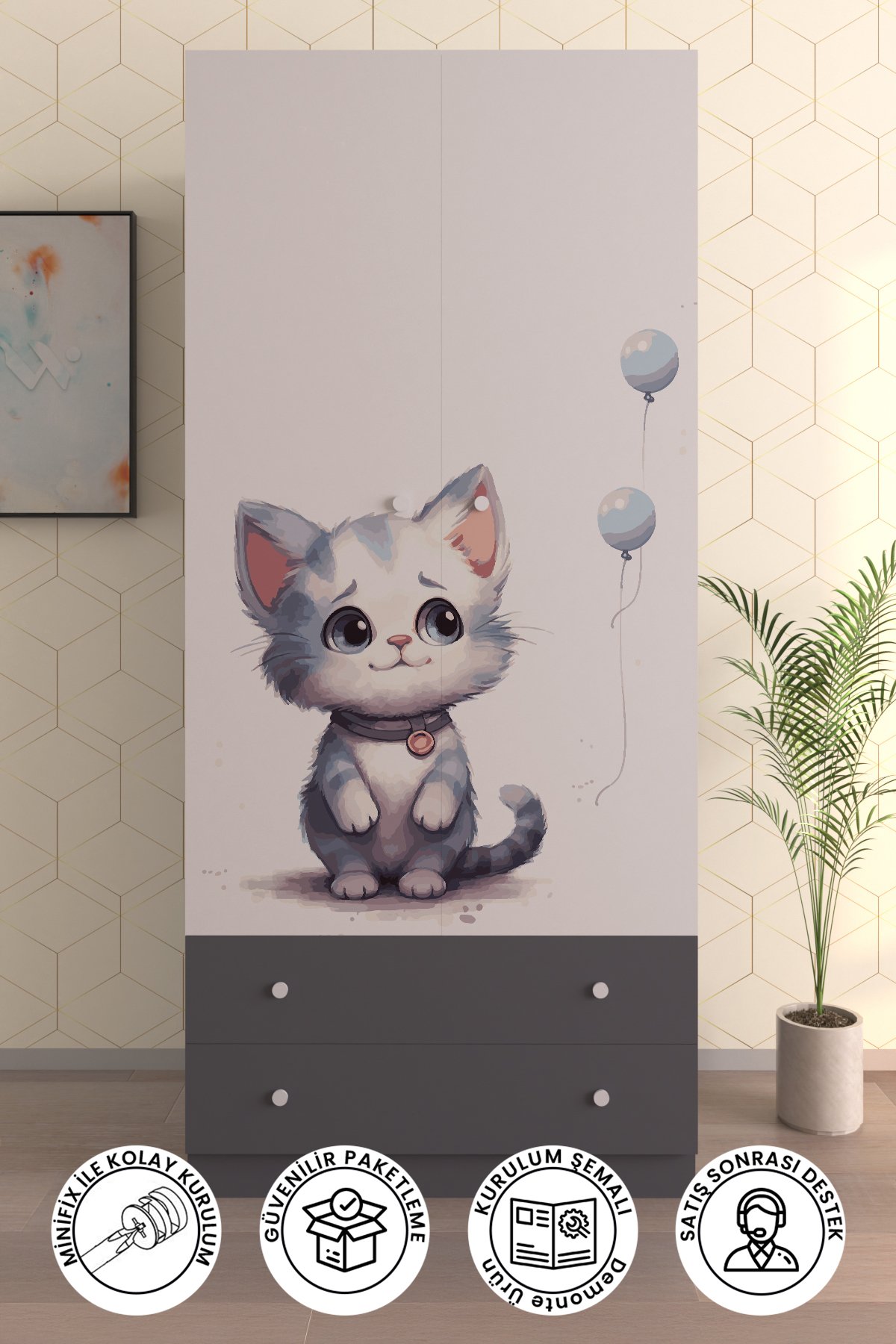 Çocuk Odası 2 Kapaklı LONELY CAT Gardırop 5 Raflı 2 Çekmeceli Askılı Elbise Dolabı