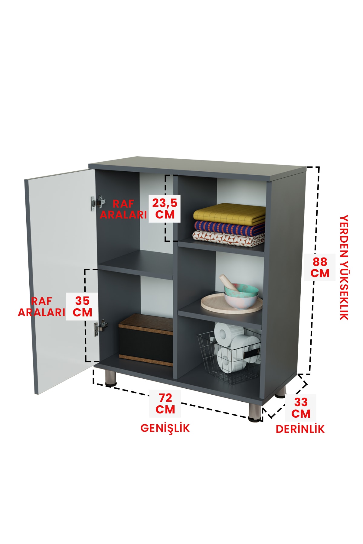 3 Raflı Tek Kapak Floral Çok Amaçlı Dolabı Mutfak Ofis Banyo Balkon Salon Dolabı