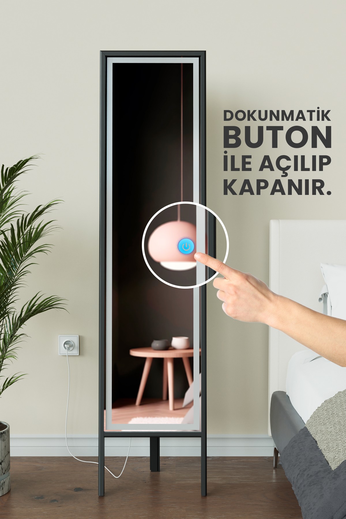 LED Işıklı Boy Aynası Lazer Kumlamalı 145x35 CM