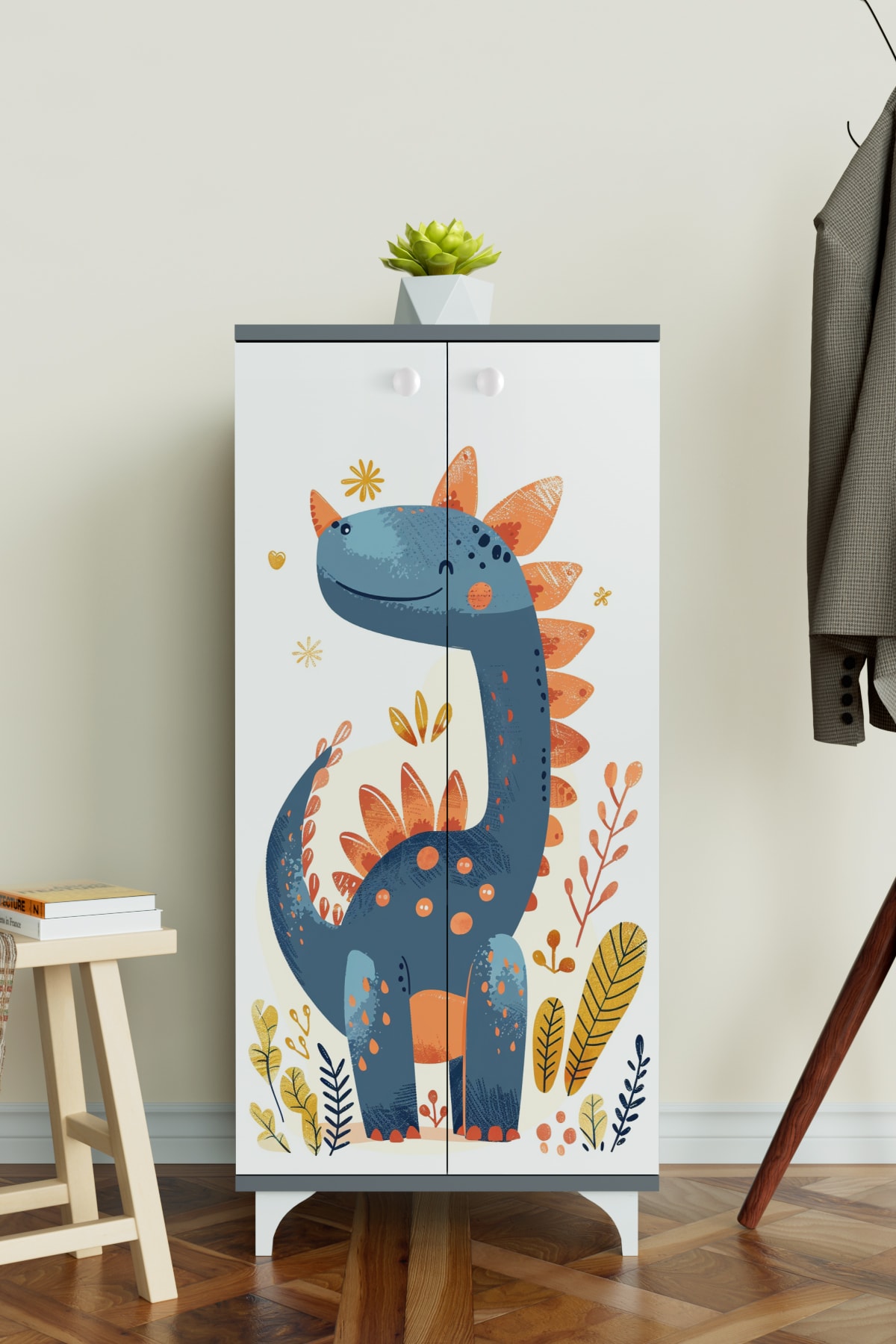 Minik Dino 3 Raflı Çocuk Odası Dolabı Çok Amaçlı Baskılı Oyuncak Dolabı