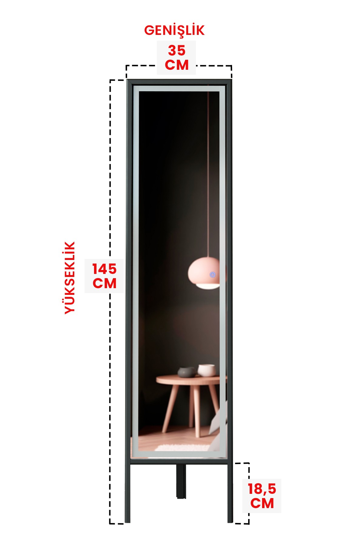 LED Işıklı Boy Aynası Lazer Kumlamalı 145x35 CM