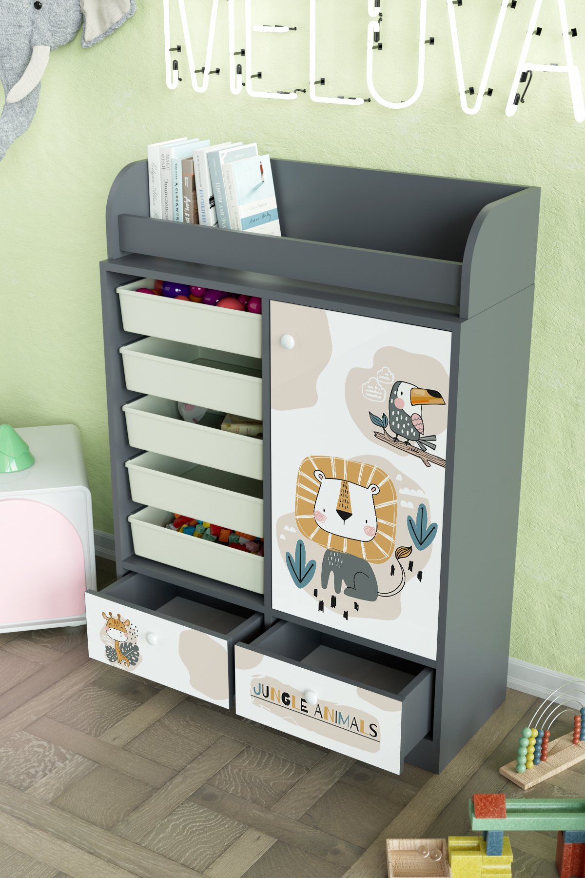 Jungle Animals Design "Melova" 5 Sepetli 2 Çekmeceli Çok Amaçlı Oyuncak Dolabı