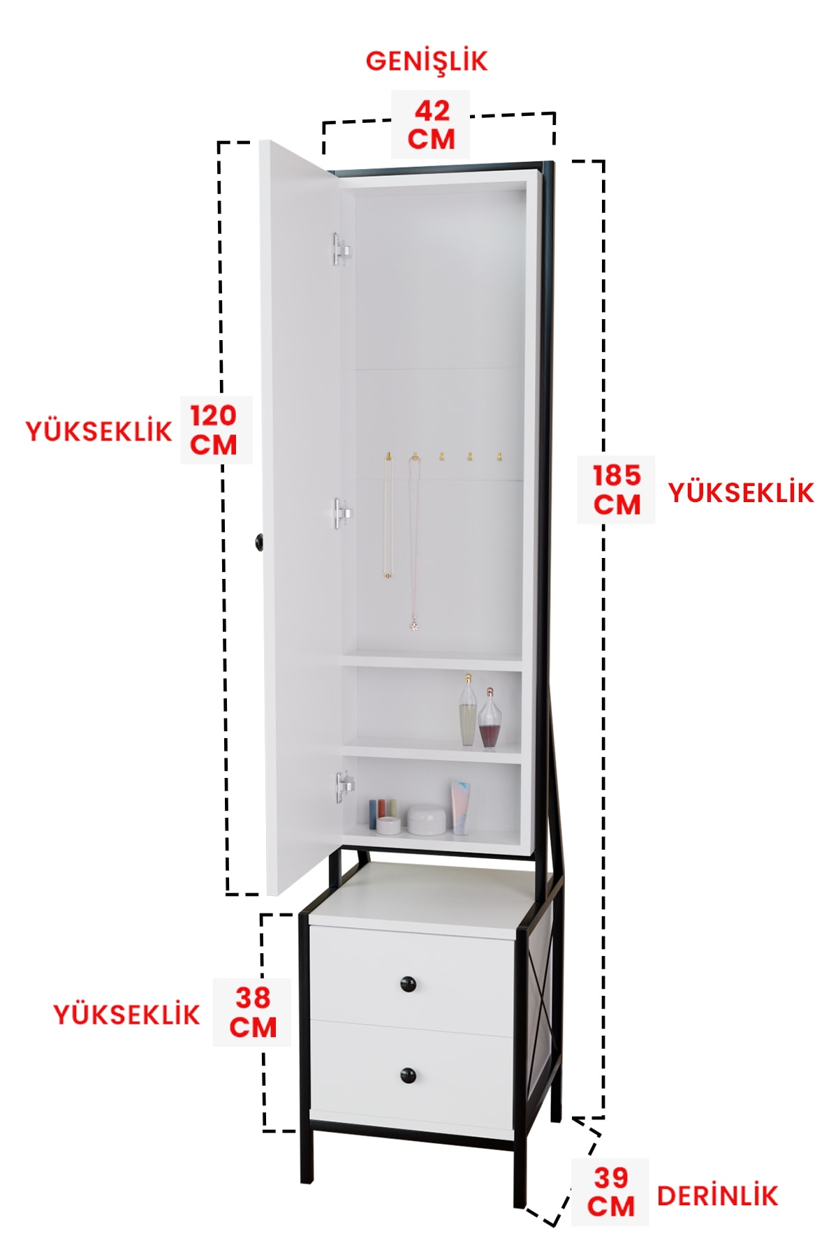 Aynalı Takı ve Aksesuar Dolabı Çekmeceli Çok Amaçlı Dolap