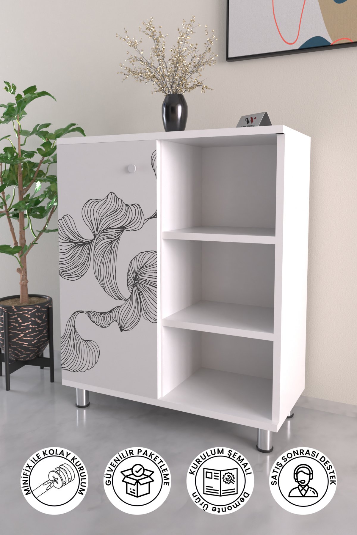 3 Raflı Tek Kapak Twisted Lines Çok Amaçlı Dolabı Mutfak Kiler Banyo Balkon Erzak Dolabı