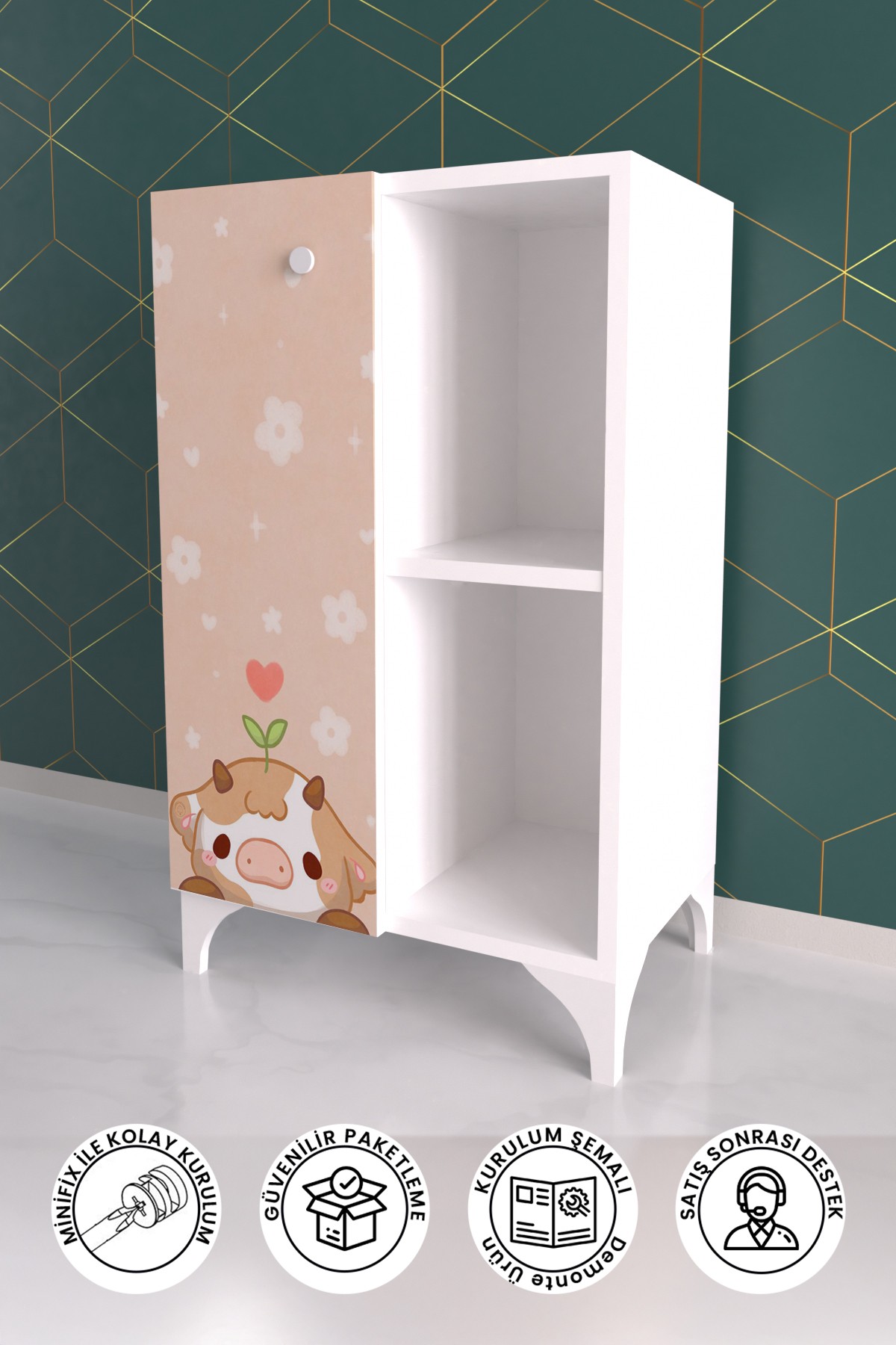 2 Raflı Tek Kapak Curious Cow Çocuk Odası Çok Amaçlı Dolabı