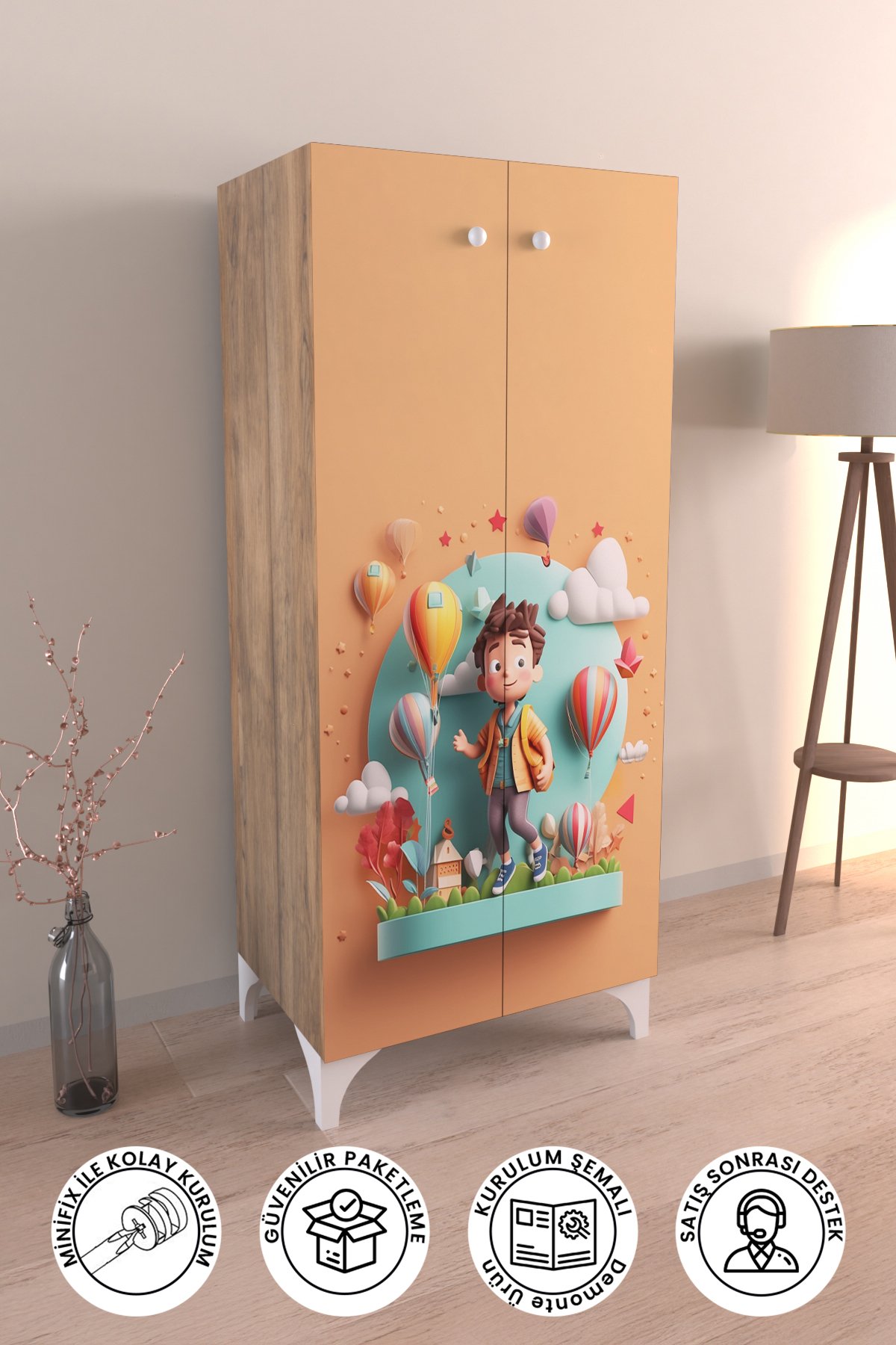 Baskılı Happy Kid Çocuk Odası Dolap 3 Raflı Çok Amaçlı Oyuncak Dolabı