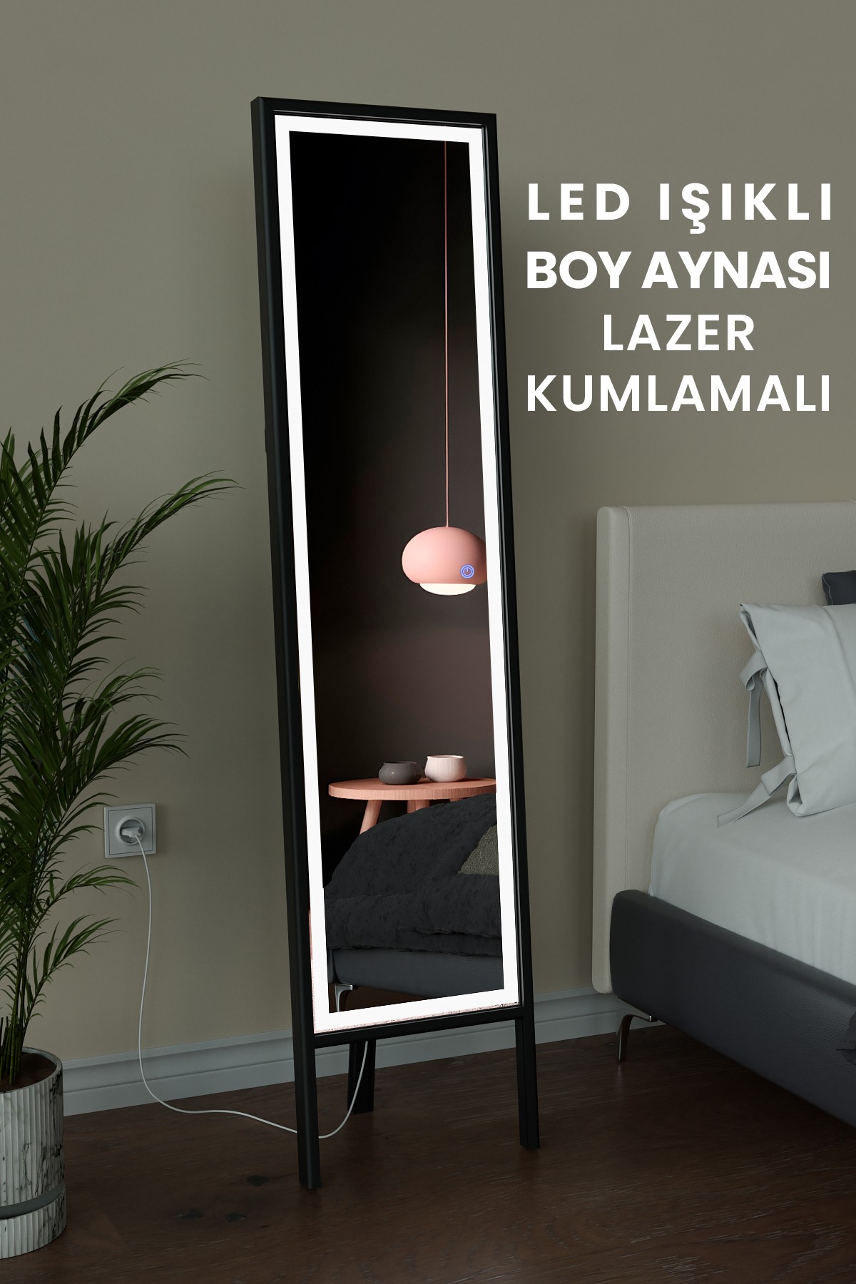 LED Işıklı Boy Aynası Lazer Kumlamalı 145x35 CM