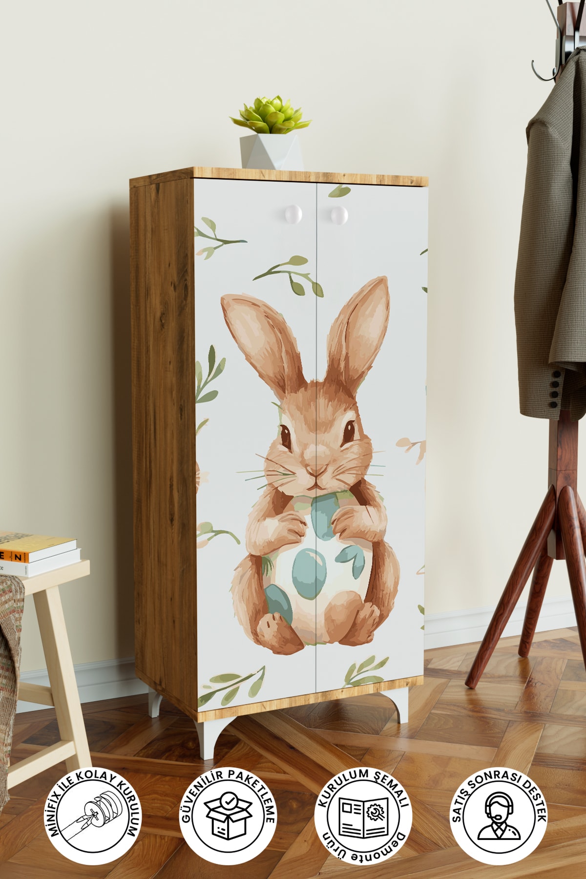 Pretty Rabit 3 Raflı Çocuk Odası Dolabı Çok Amaçlı Baskılı Oyuncak Dolabı