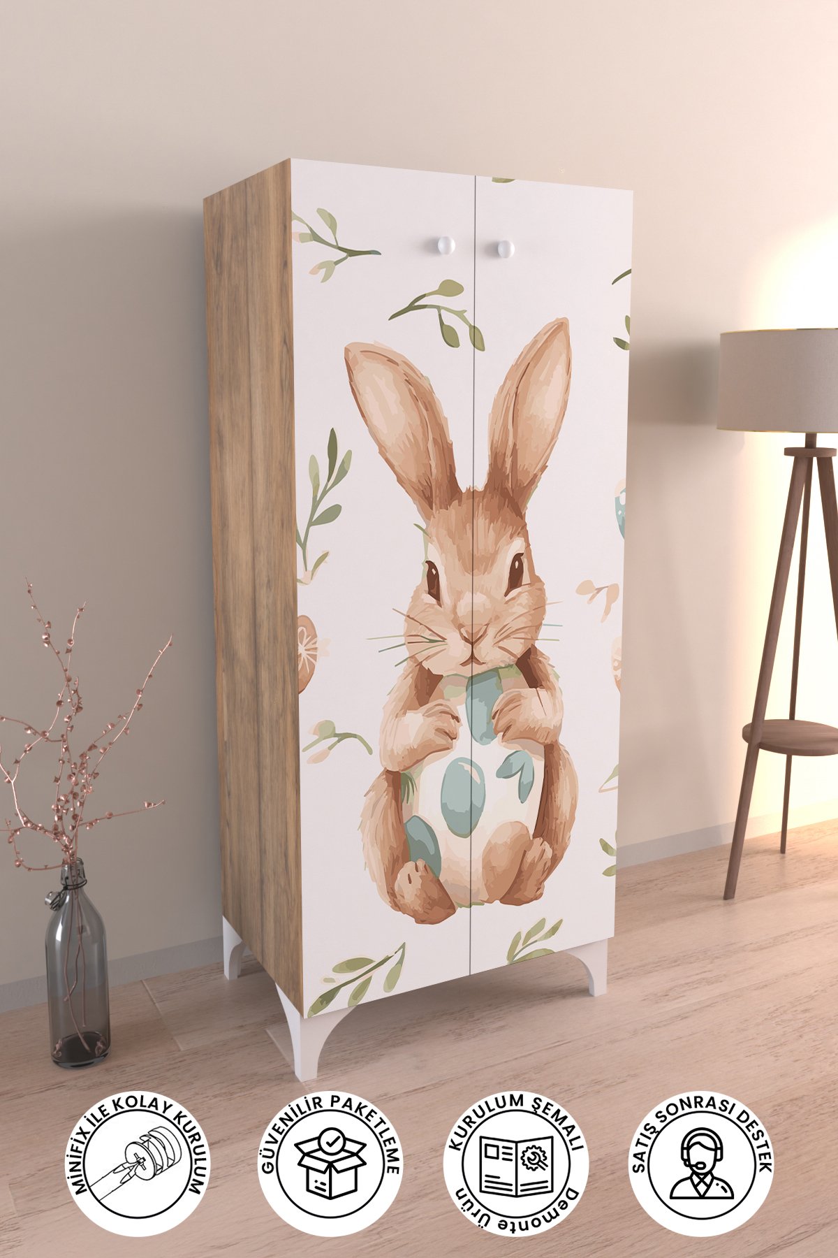 Pretty Rabit 3 Raflı Çocuk Odası Dolabı Çok Amaçlı Baskılı Oyuncak Dolabı