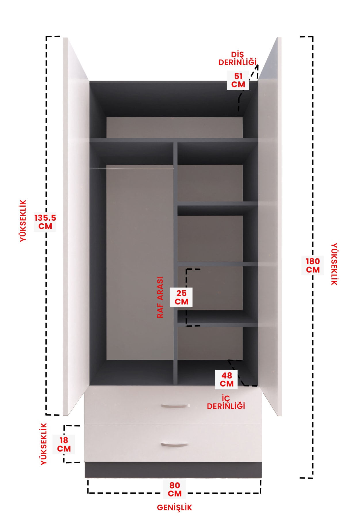Aynalı 2 Kapaklı Gardırop 5 Raflı 2 Çekmeceli Askılı Elbise Dolabı