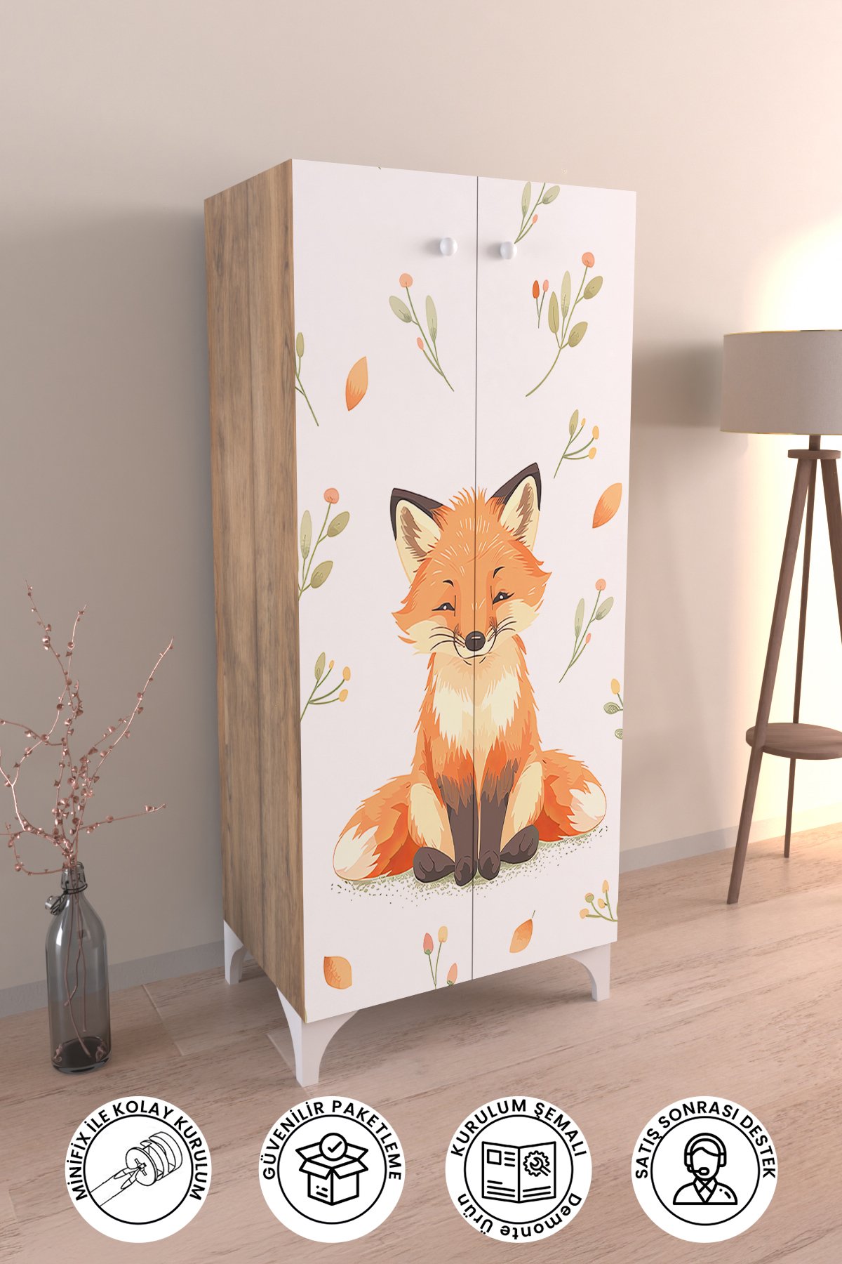 Foxie 3 Raflı Çocuk Odası Dolabı Çok Amaçlı Baskılı Oyuncak Dolabı