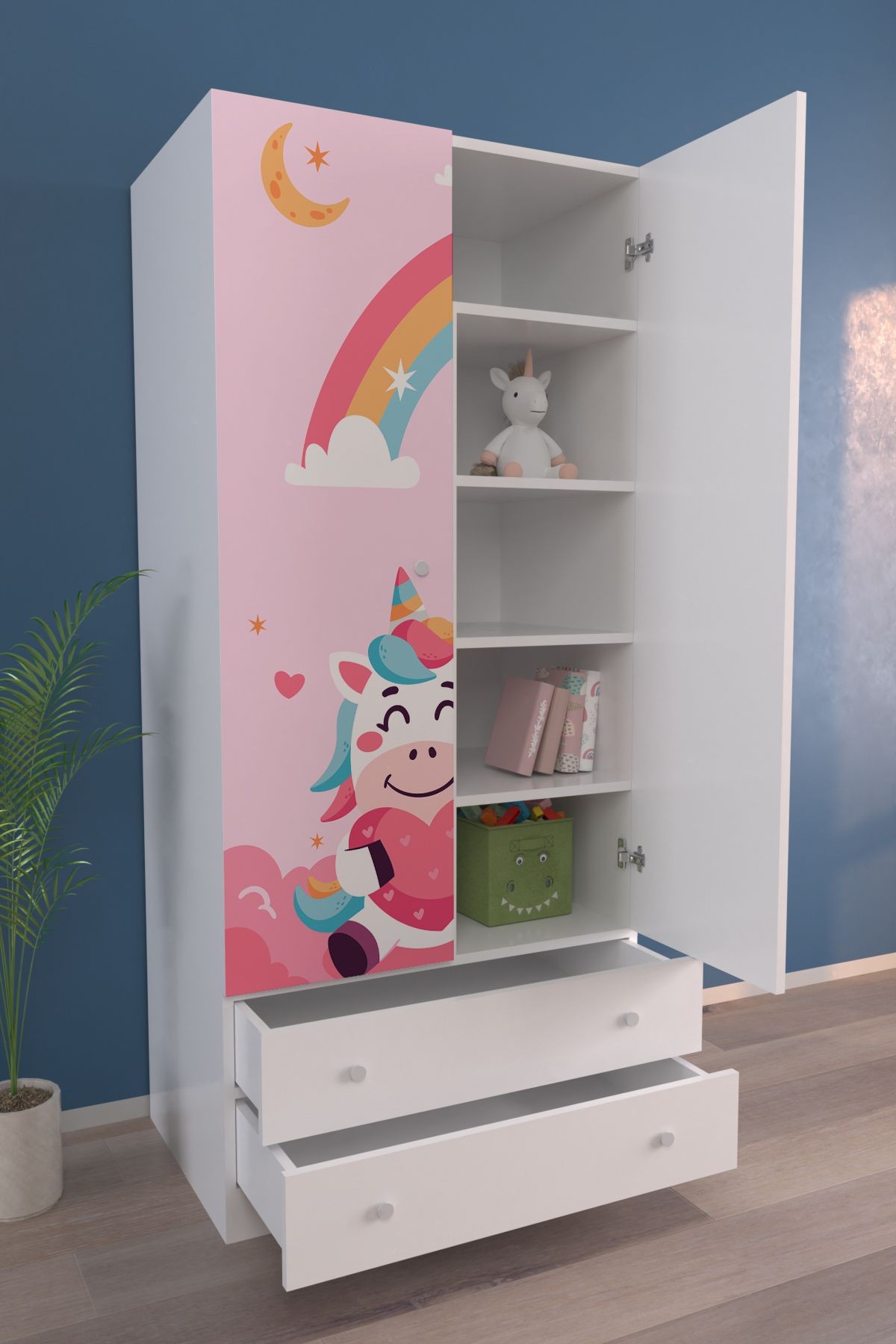 Çocuk Odası 2 Kapaklı Unicorn Dreams Gardırop 5 Raflı 2 Çekmeceli Askılı Elbise Dolabı