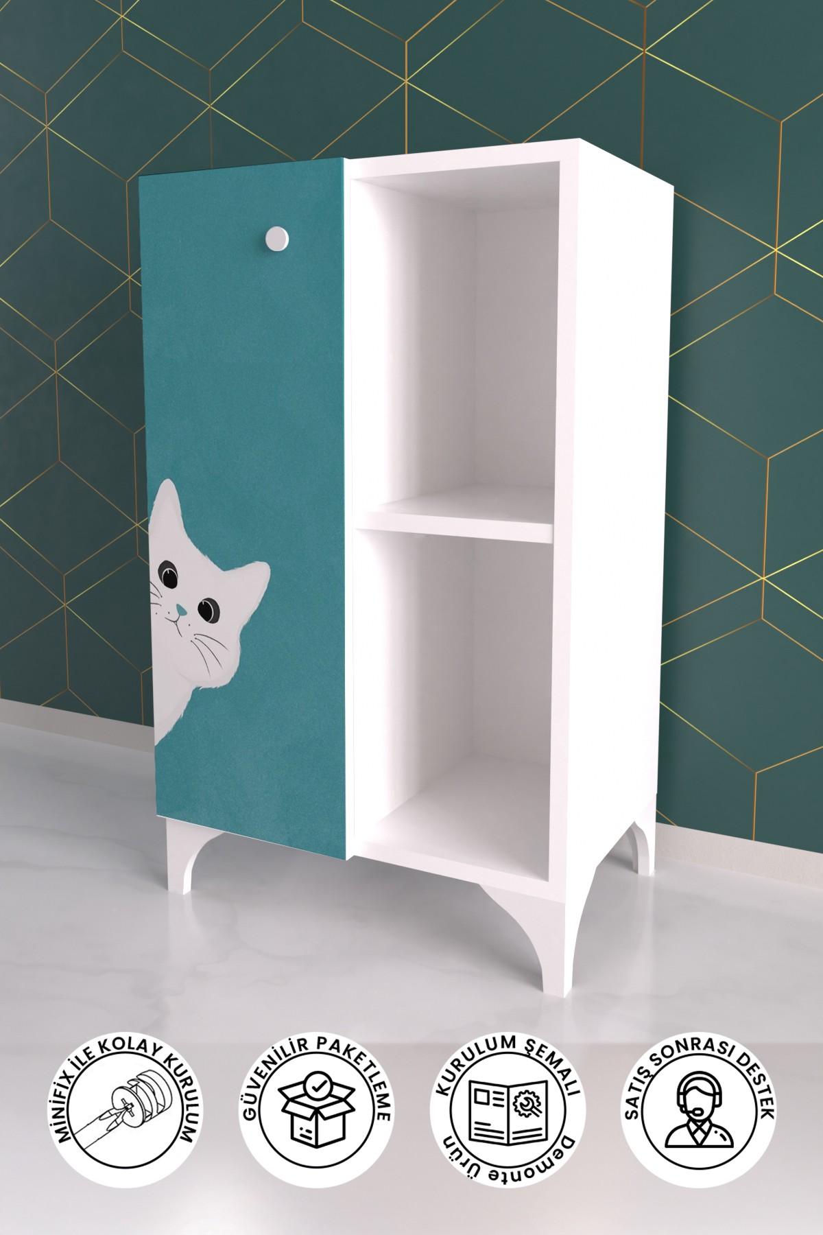 2 Raflı Tek Kapak Nosy Cat Çocuk Odası Çok Amaçlı Dolabı
