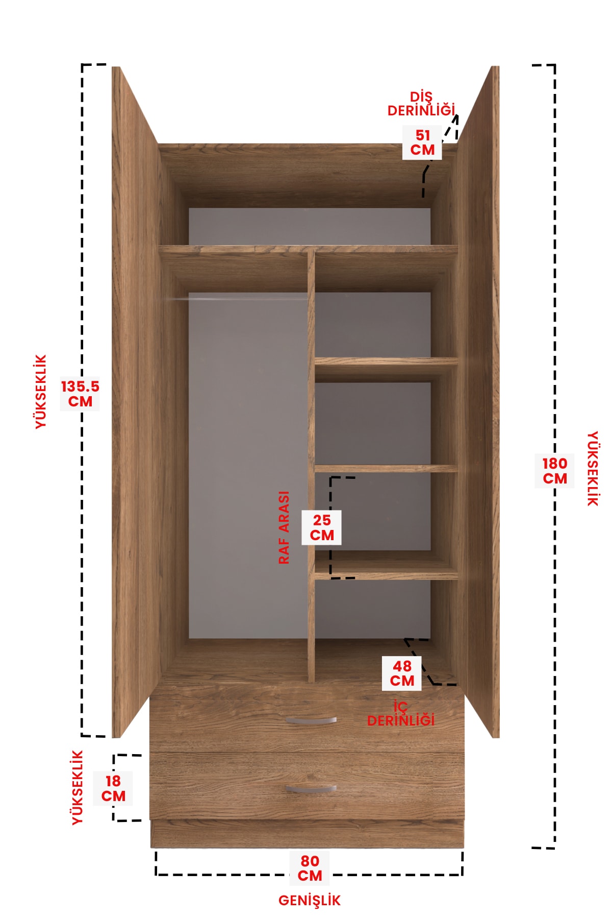 Aynalı 2 Kapaklı Gardırop 5 Raflı 2 Çekmeceli Askılı Elbise Dolabı