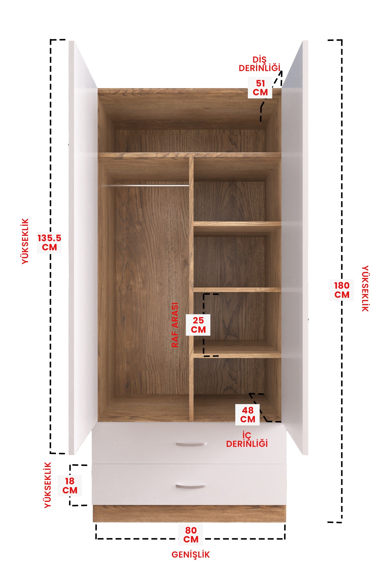 Aynalı 2 Kapaklı Gardırop 5 Raflı 2 Çekmeceli Askılı Elbise Dolabı