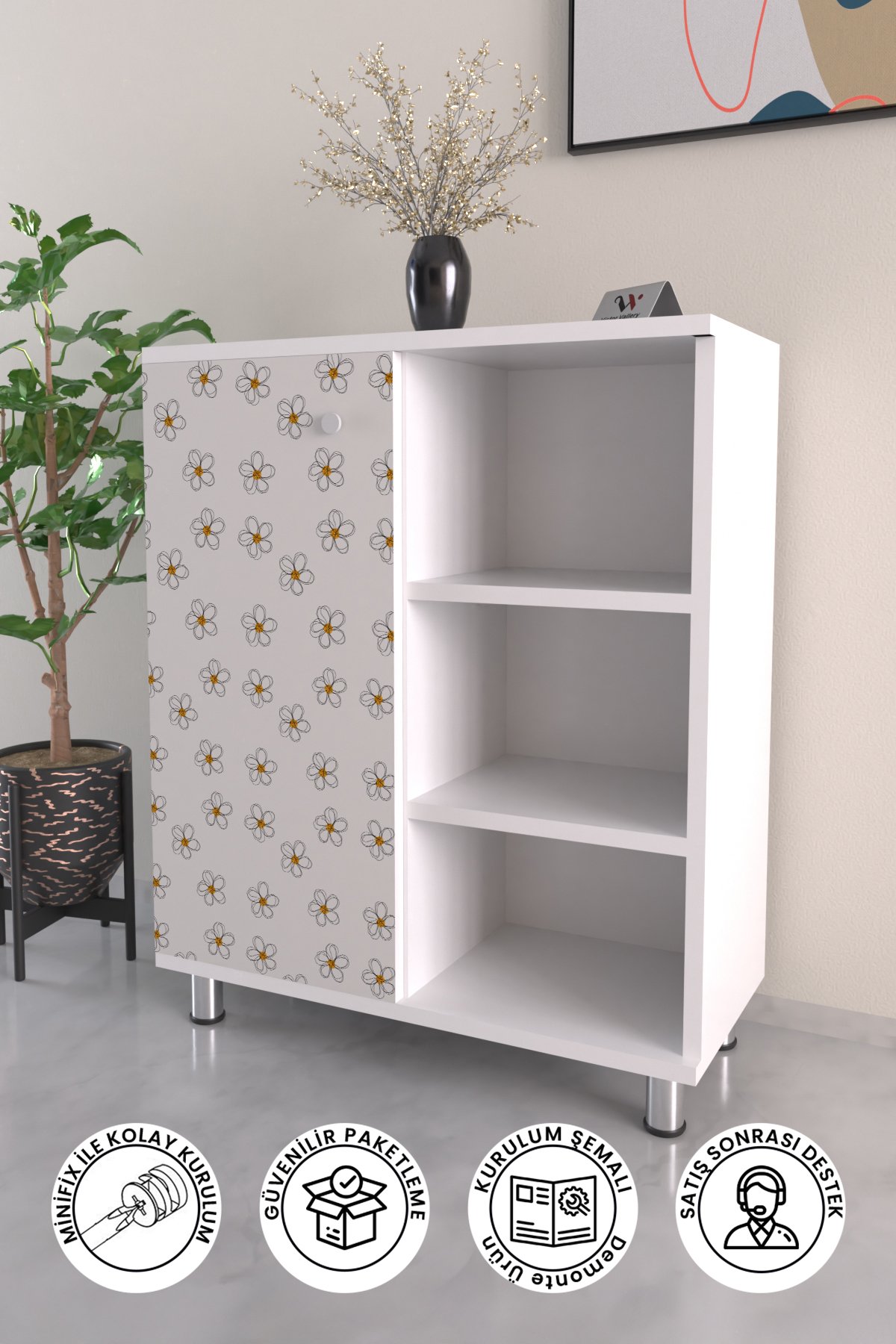 3 Raflı Tek Kapak Daisies Çok Amaçlı Dolabı Mutfak Ofis Banyo Balkon Salon Dolabı