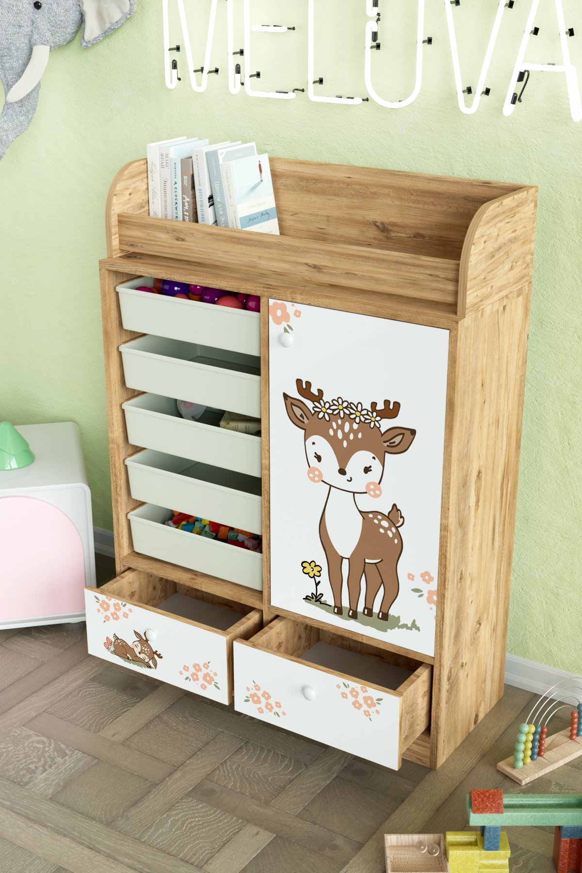Little Fawn Design "Melova" 5 Sepetli 2 Çekmeceli Çok Amaçlı Oyuncak Dolabı