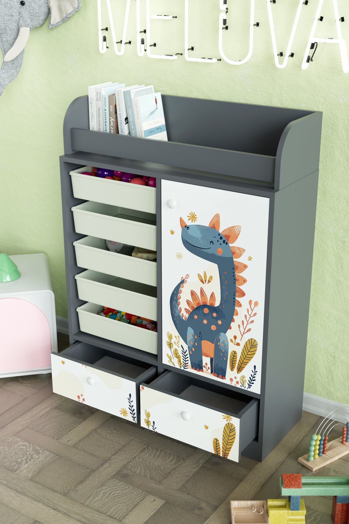 Minik Dino Design "Melova" 5 Sepetli 2 Çekmeceli Çok Amaçlı Oyuncak Dolabı