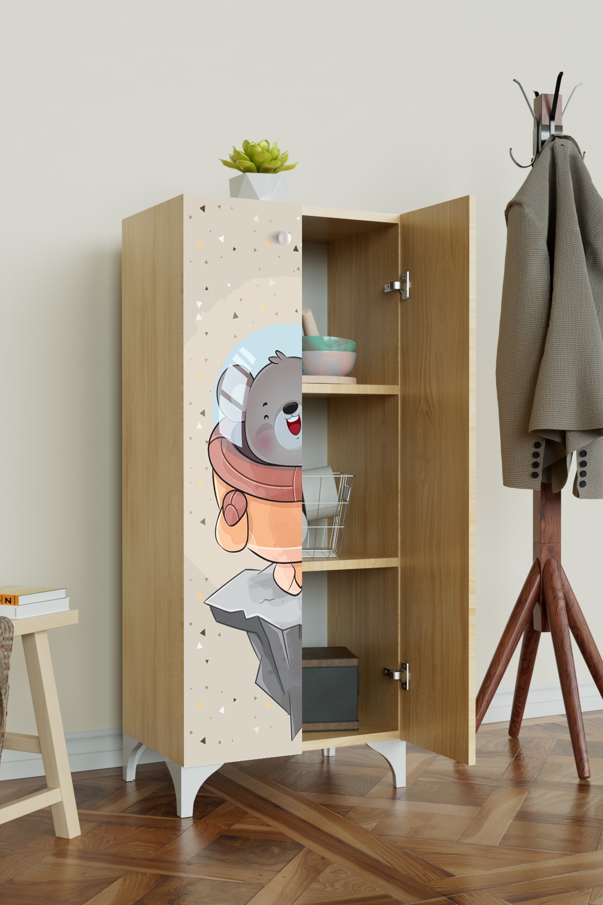 Little Astronaut 3 Raflı Çocuk Odası Dolabı Çok Amaçlı Baskılı Oyuncak Dolabı