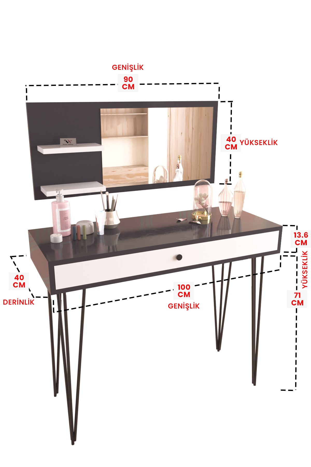 Aynalı ve Çekmeceli Makyaj Masası Takı Organizer Masası