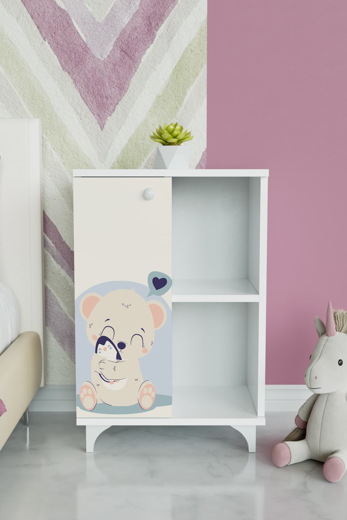 2 Raflı tek kapak Fluffy Friend Çocuk Odası Çok Amaçlı Dolabı